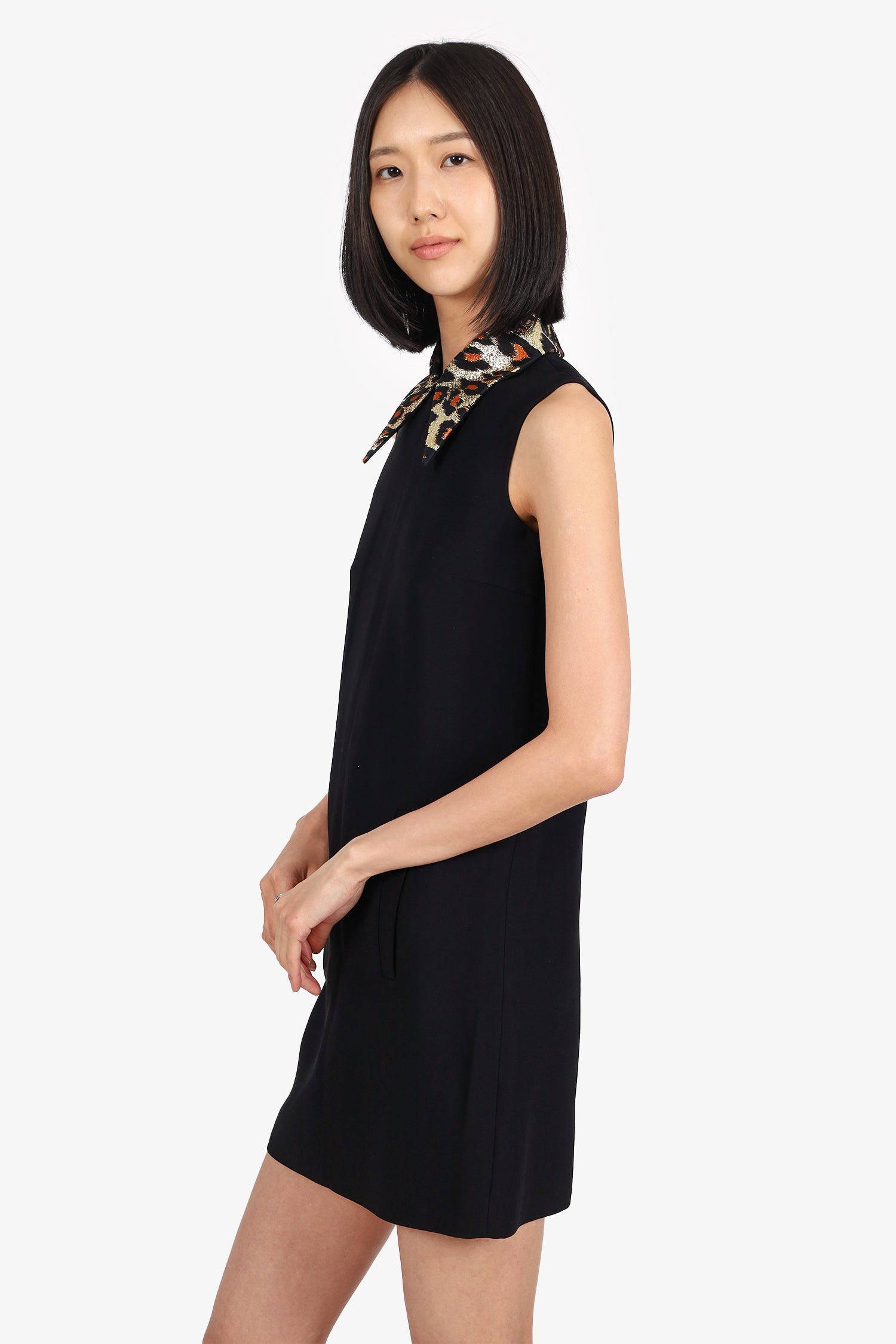 Miu Miu 2018 Black Wool Metallic Leopard Print Collar Short Sleeve Dress Size 36