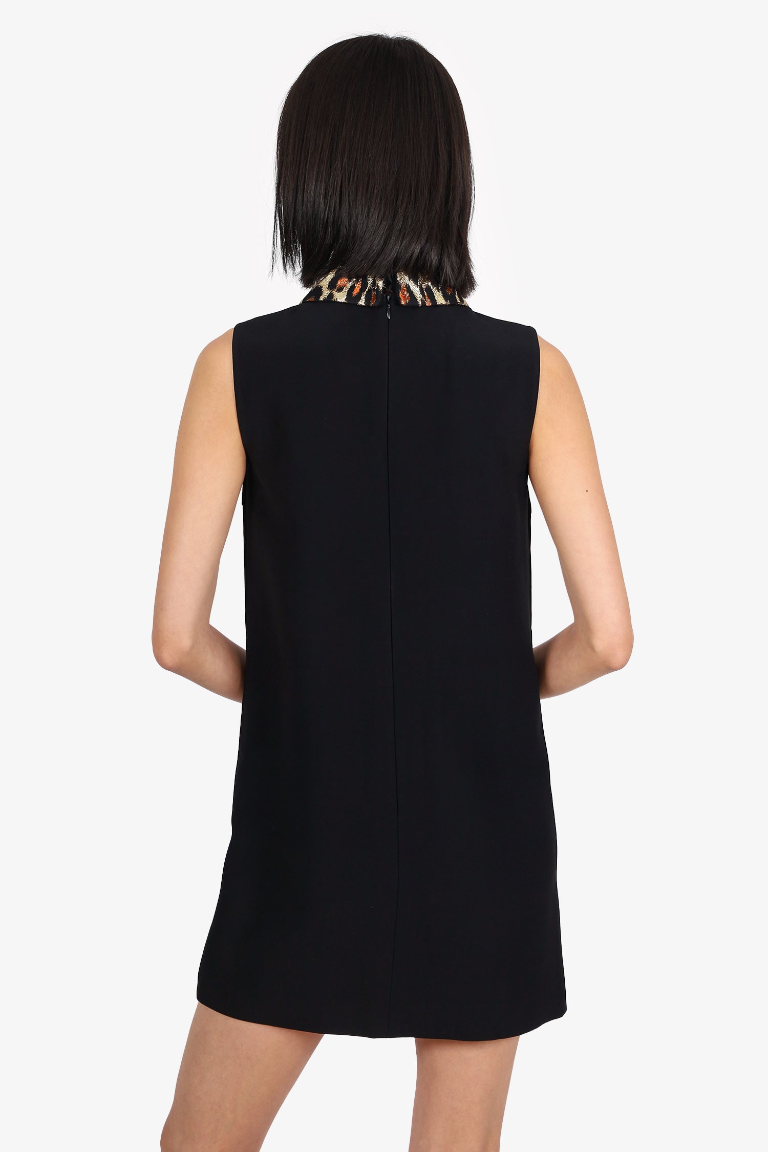 Miu Miu 2018 Black Wool Metallic Leopard Print Collar Short Sleeve Dress Size 36