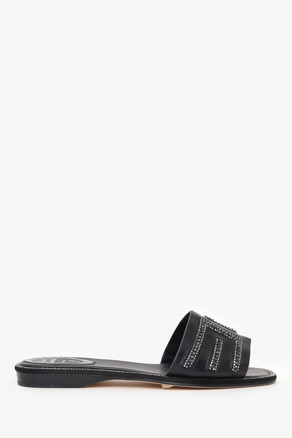 Rene Caovilla Black Leather Swarovski Crystal Embellished Flat Slides Size 35