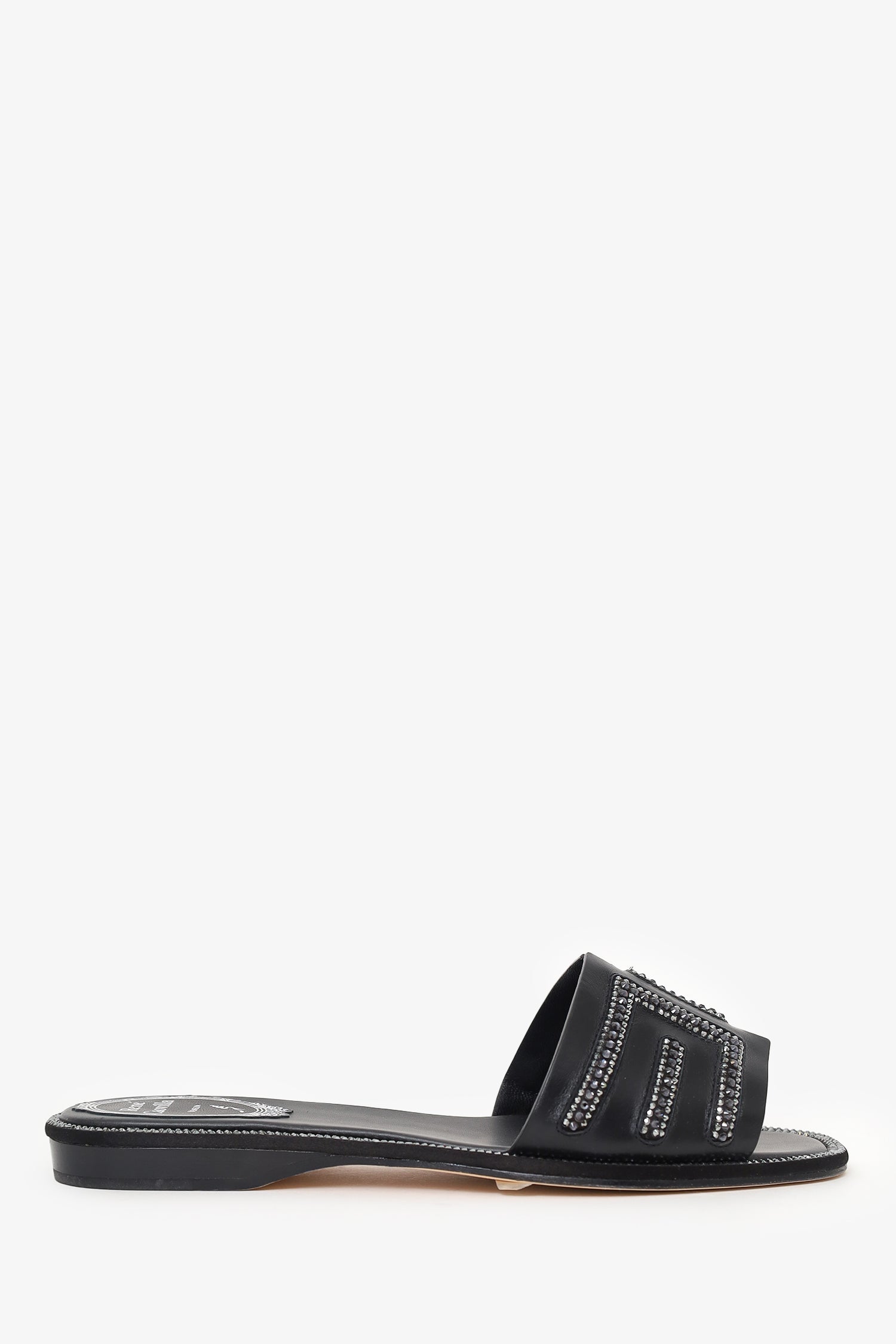Rene Caovilla Black Leather Swarovski Crystal Embellished Flat Slides Size 35