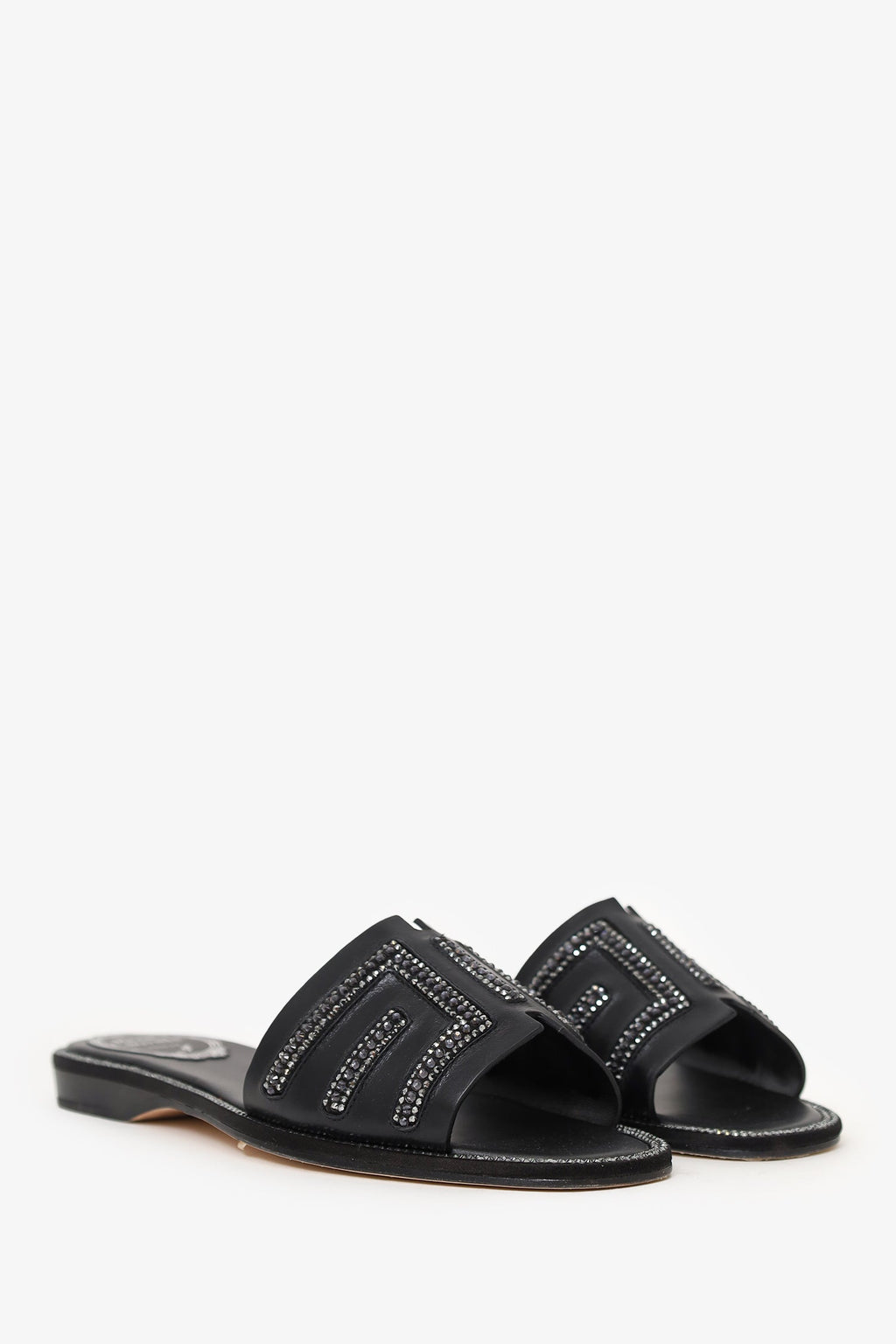 Rene Caovilla Black Leather Swarovski Crystal Embellished Flat Slides Size 35