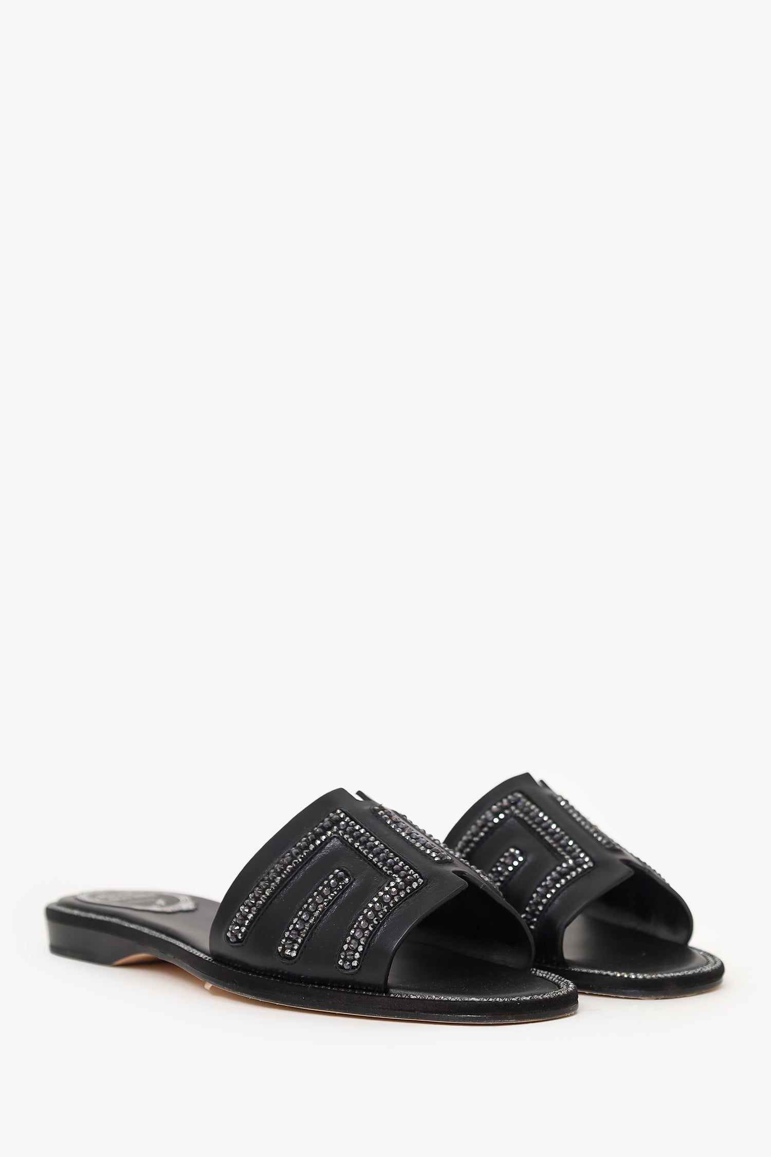 Rene Caovilla Black Leather Swarovski Crystal Embellished Flat Slides Size 35