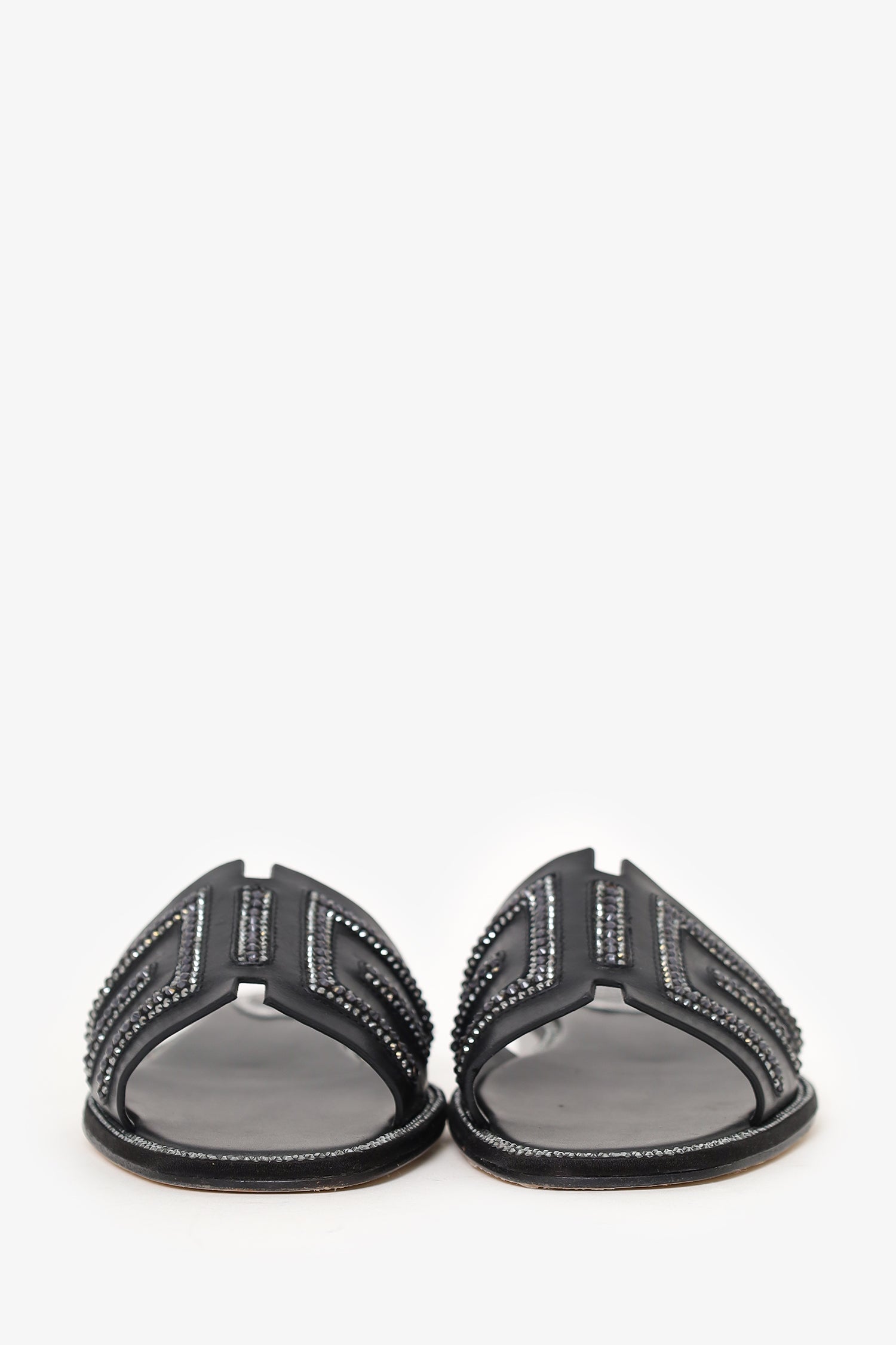Rene Caovilla Black Leather Swarovski Crystal Embellished Flat Slides Size 35