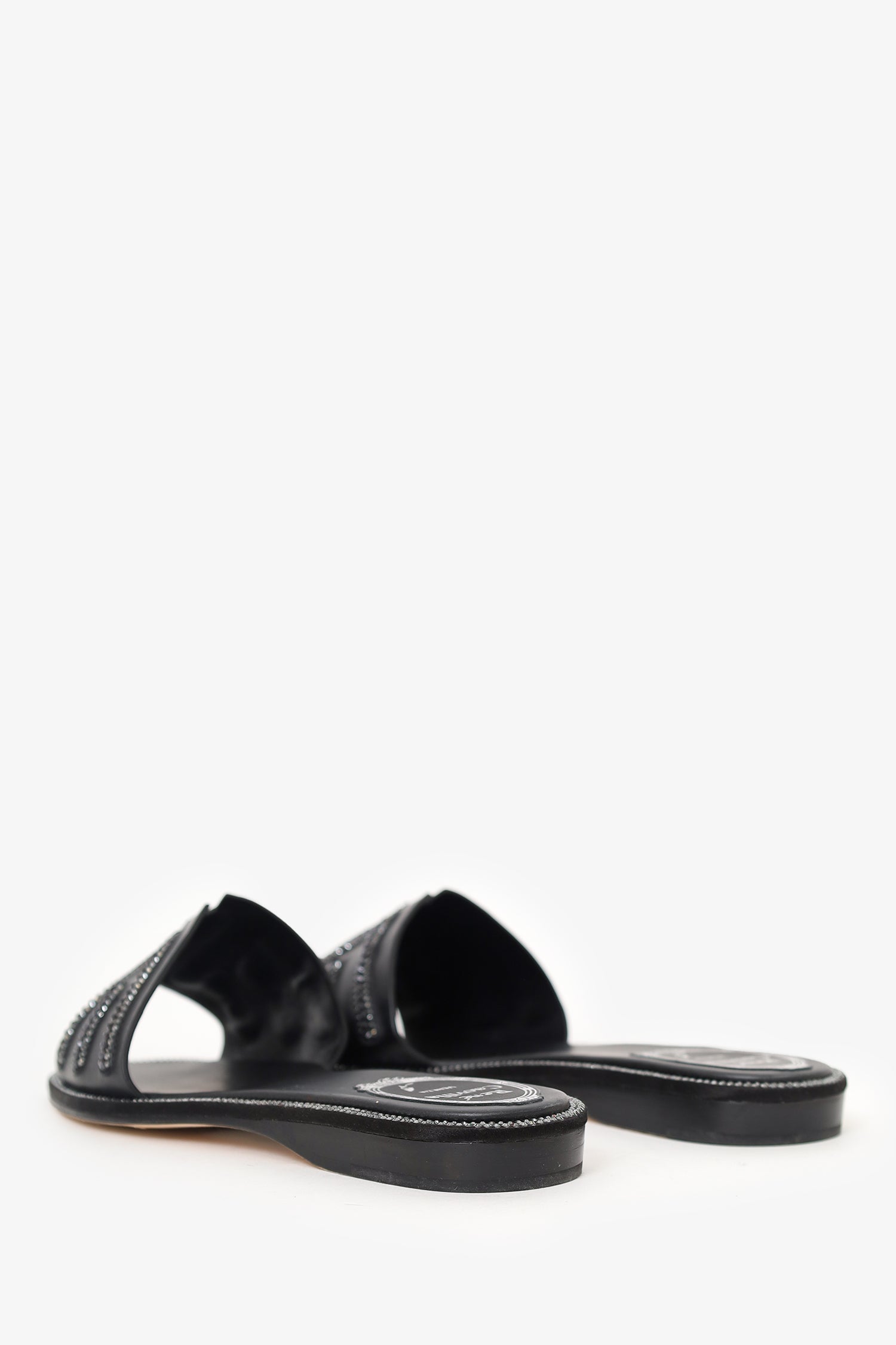 Rene Caovilla Black Leather Swarovski Crystal Embellished Flat Slides Size 35