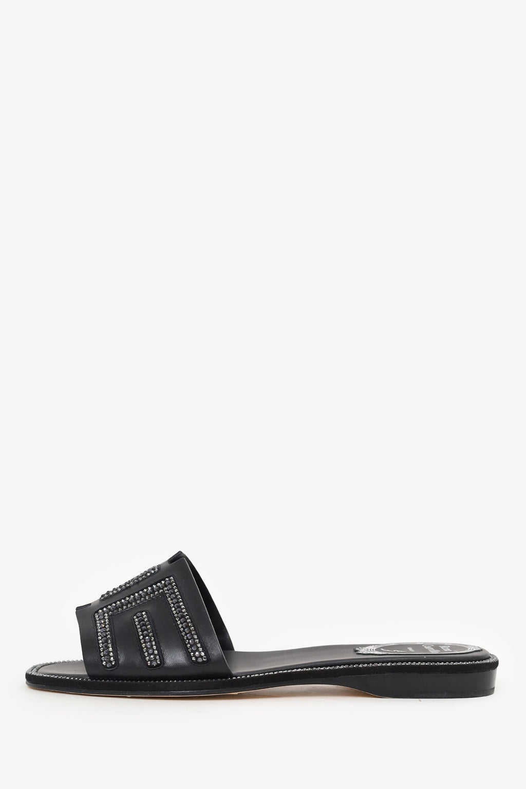 Rene Caovilla Black Leather Swarovski Crystal Embellished Flat Slides Size 35