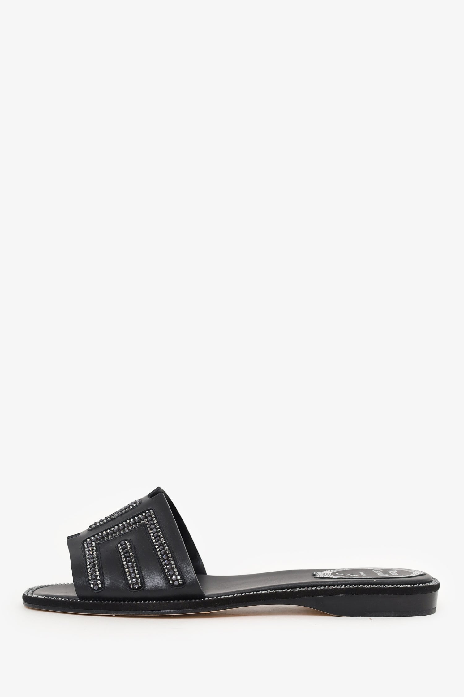 Rene Caovilla Black Leather Swarovski Crystal Embellished Flat Slides Size 35