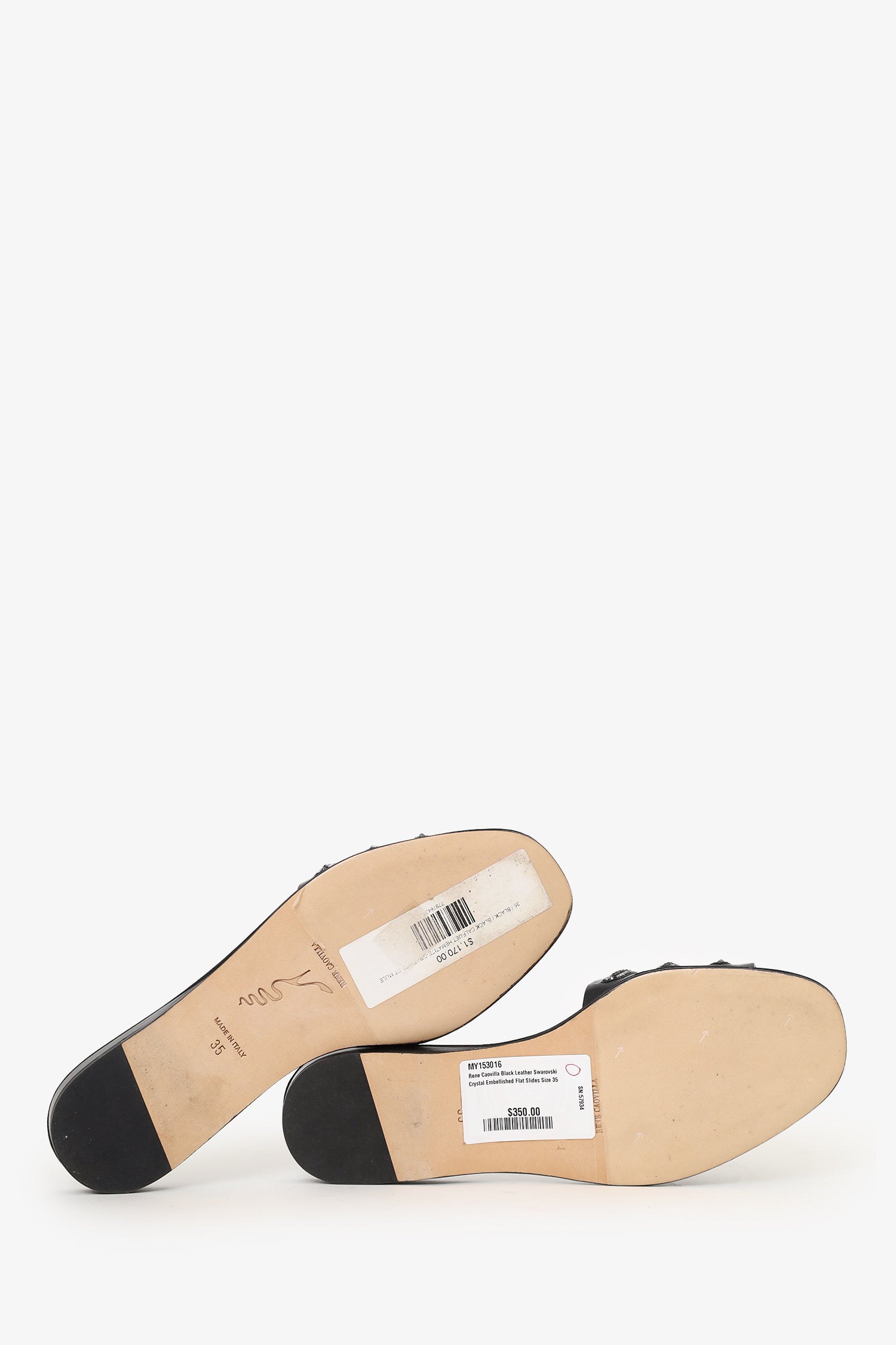 Rene Caovilla Black Leather Swarovski Crystal Embellished Flat Slides Size 35