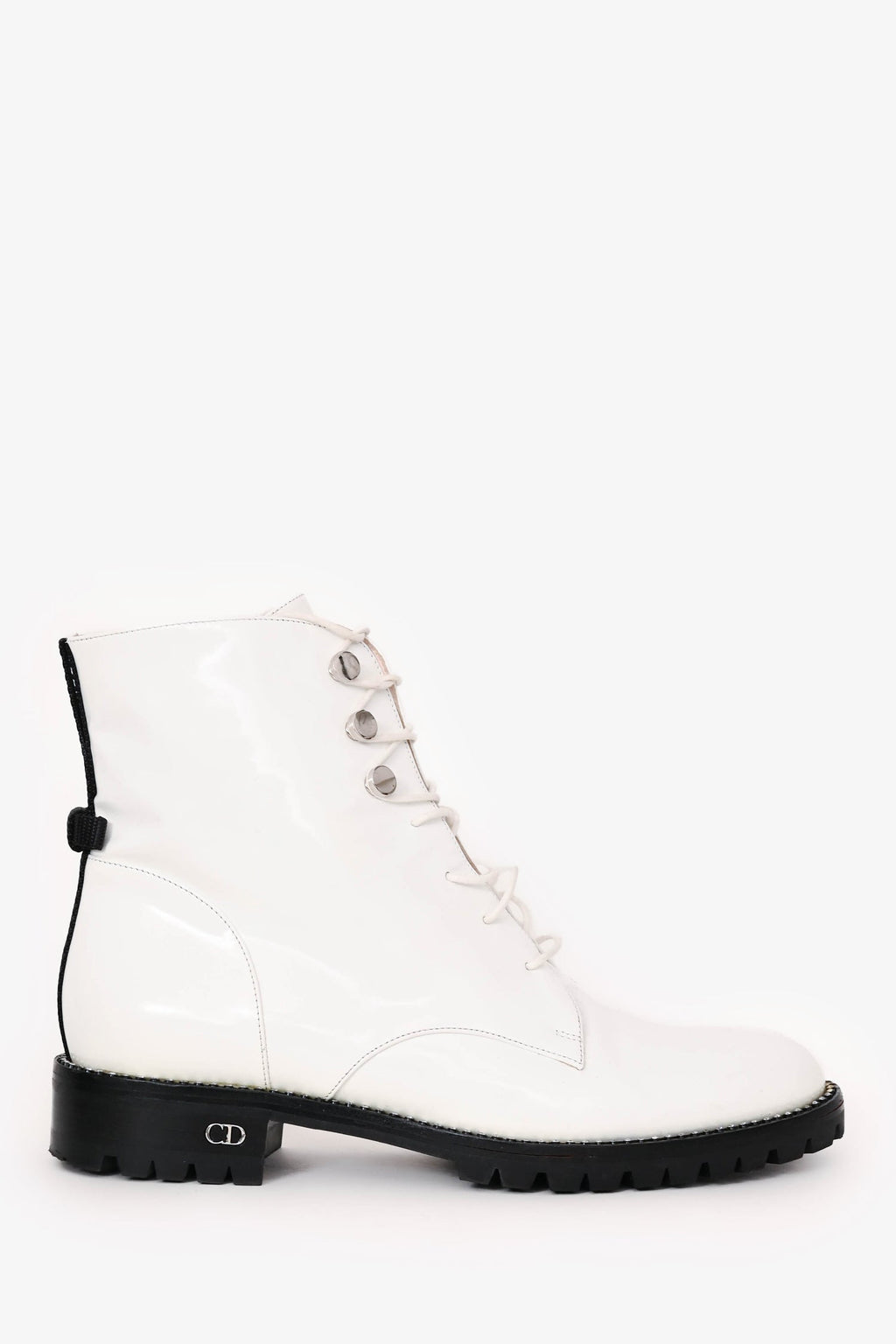 Christian Dior White Leather Crystal-Trimmed CD Combat Boots Size 37