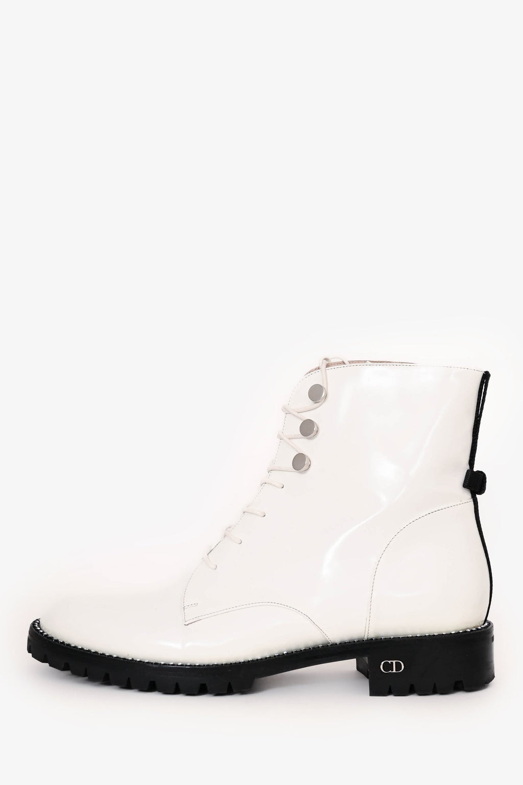 Christian Dior White Leather Crystal-Trimmed CD Combat Boots Size 37