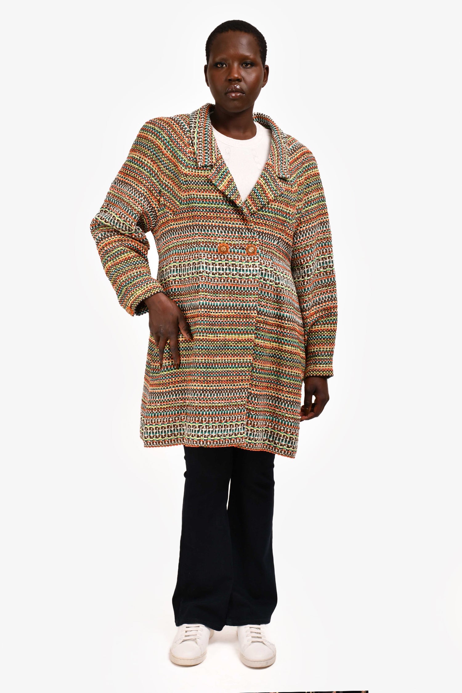 Pre-Loved Chanel™ 2016 Orange/Green Tweed Mid Length Coat with CC Buttons Size 50