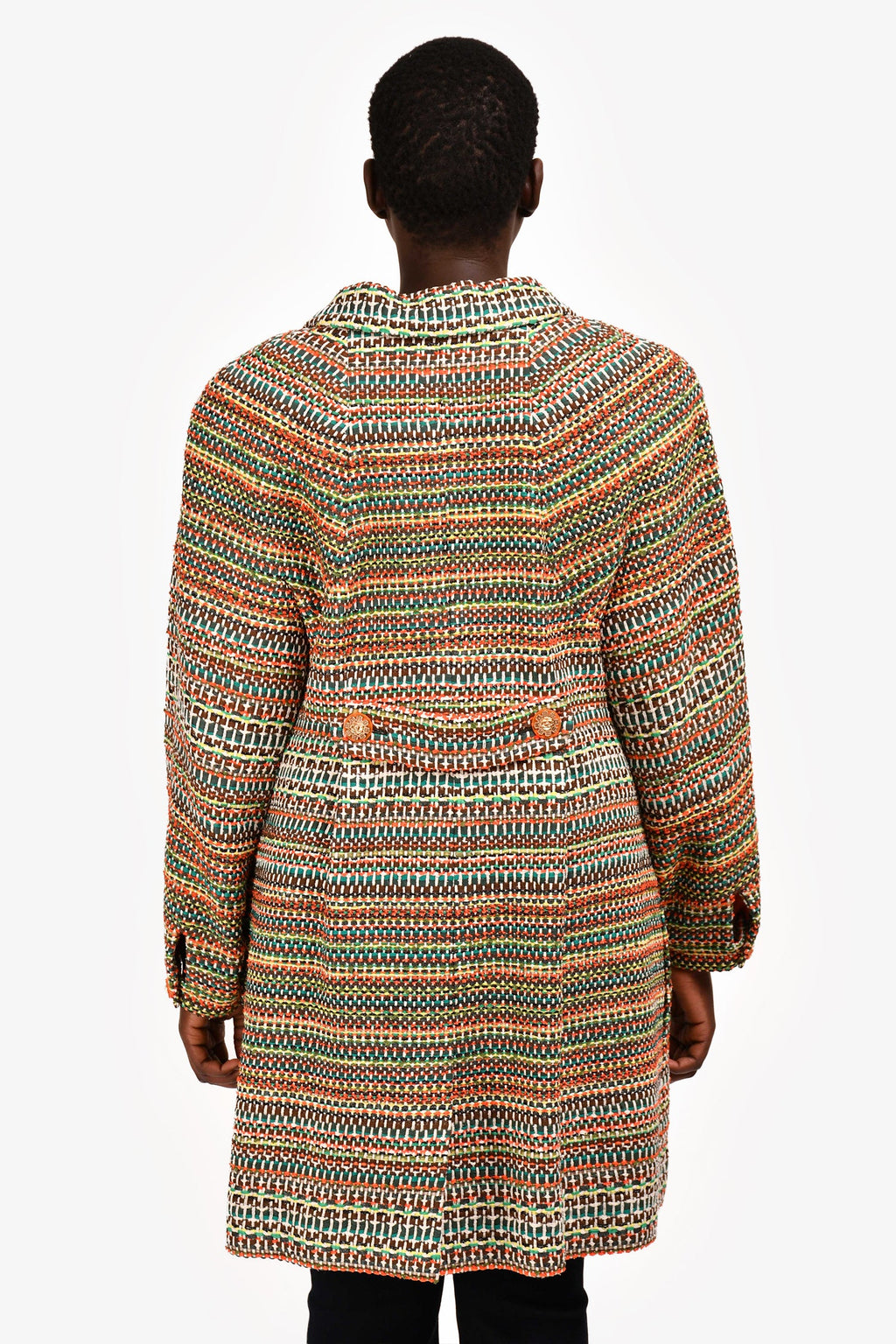 Pre-Loved Chanel™ 2016 Orange/Green Tweed Mid Length Coat with CC Buttons Size 50