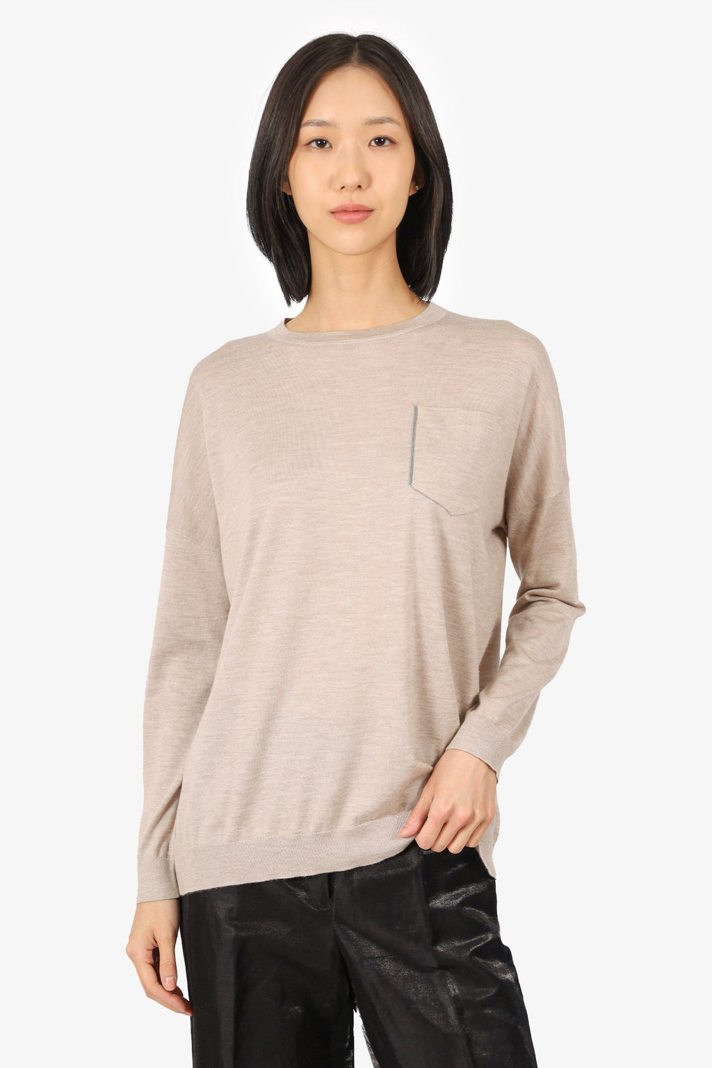 Brunello Cucinelli Beige Cashmere/Silk Beaded Pocket Sweater Size S