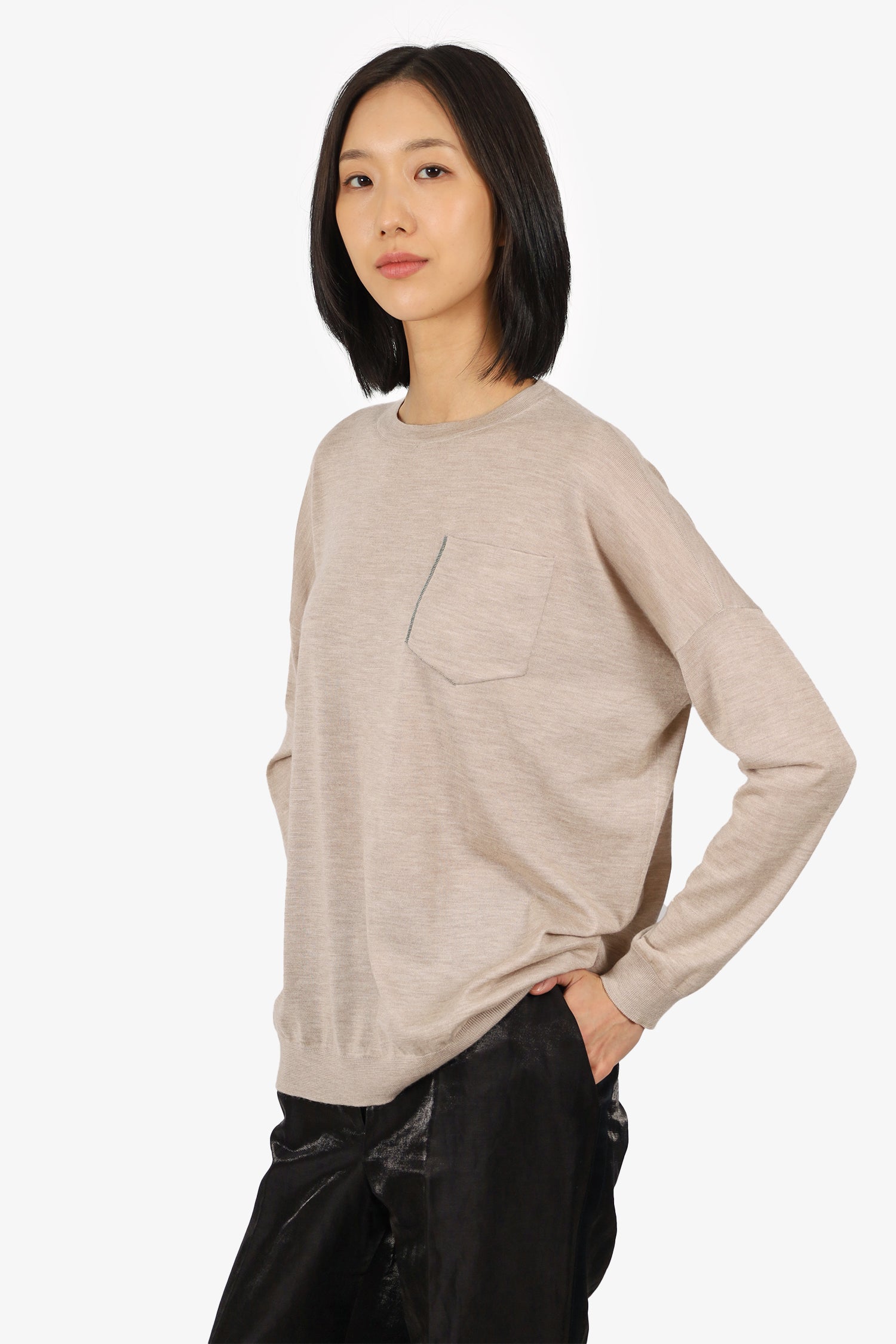 Brunello Cucinelli Beige Cashmere/Silk Beaded Pocket Sweater Size S