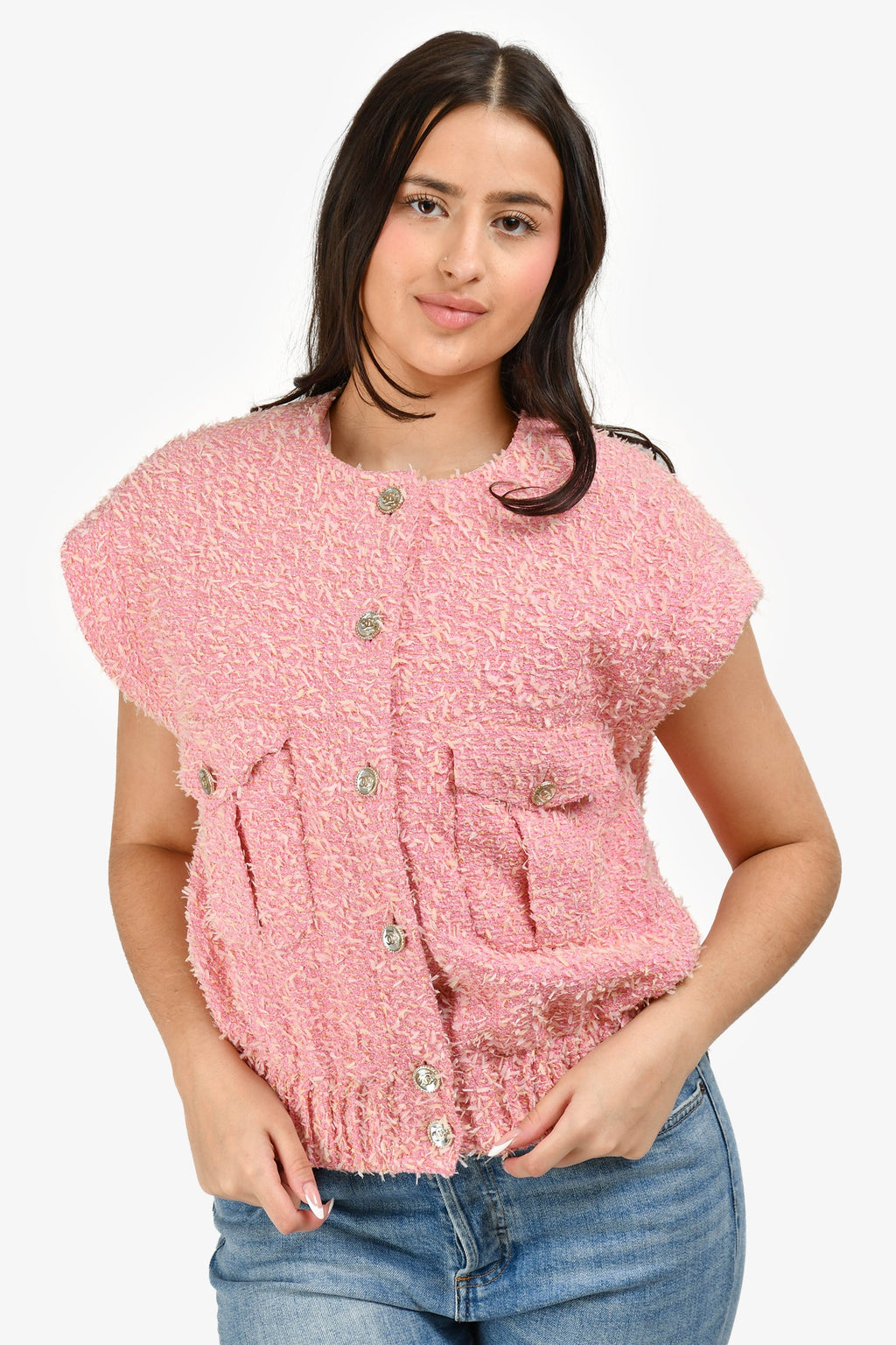Pre-Loved Chanel™ Short Sleeve Runway 2021 Pink Fantasy Tweed Vest Size 38