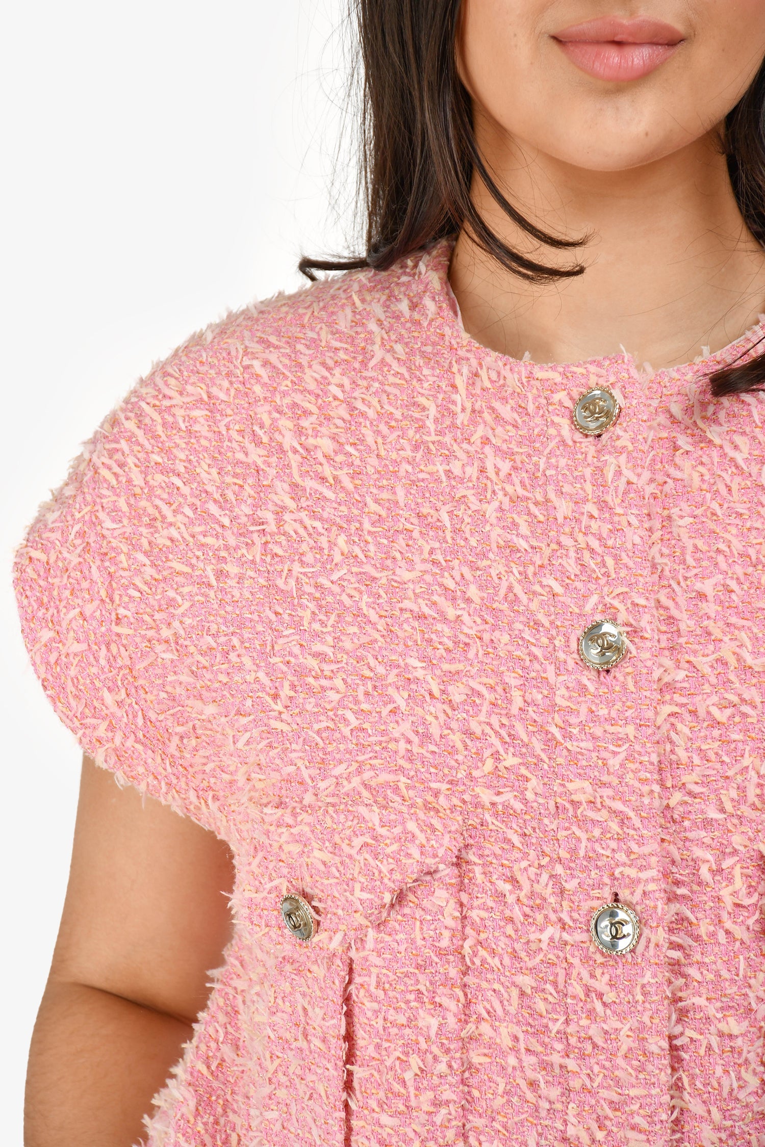 Pre-Loved Chanel™ Short Sleeve Runway 2021 Pink Fantasy Tweed Vest Size 38