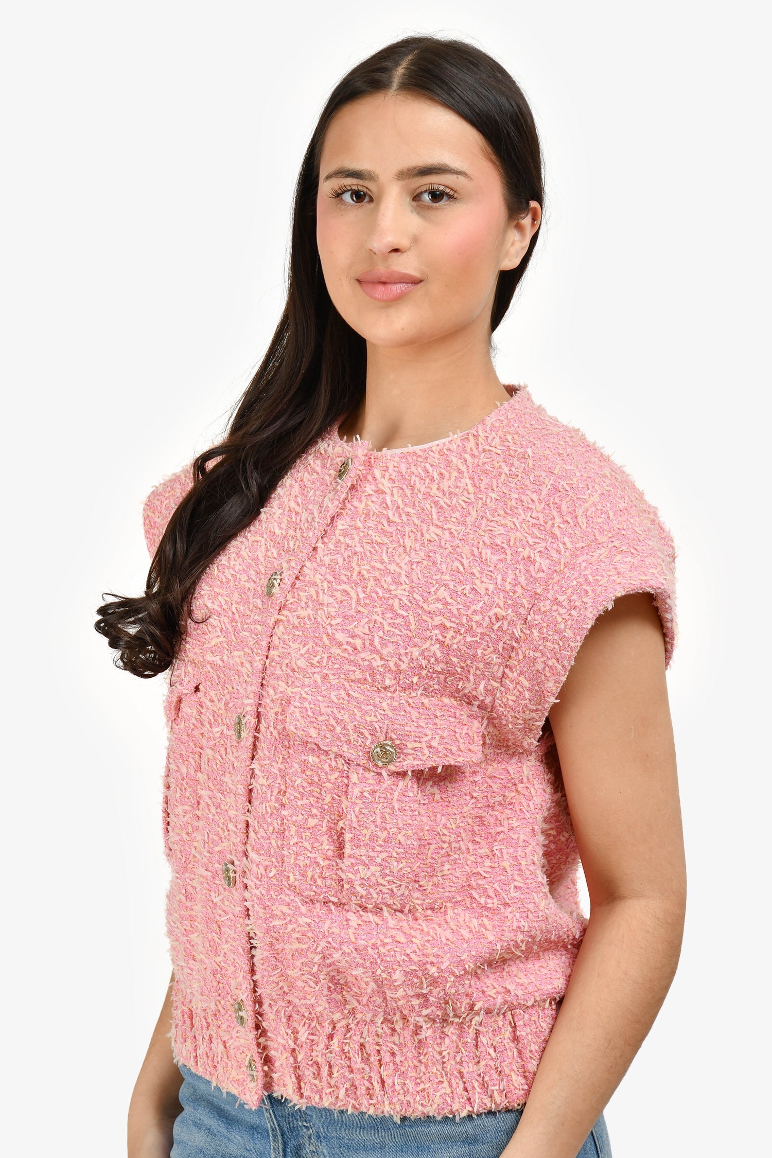 Pre-Loved Chanel™ Short Sleeve Runway 2021 Pink Fantasy Tweed Vest Size 38