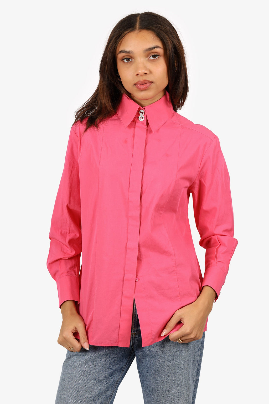 Pre-Loved Chanel™ 21C Pink CC Crystal Button Long Sleeve Shirt Size 36
