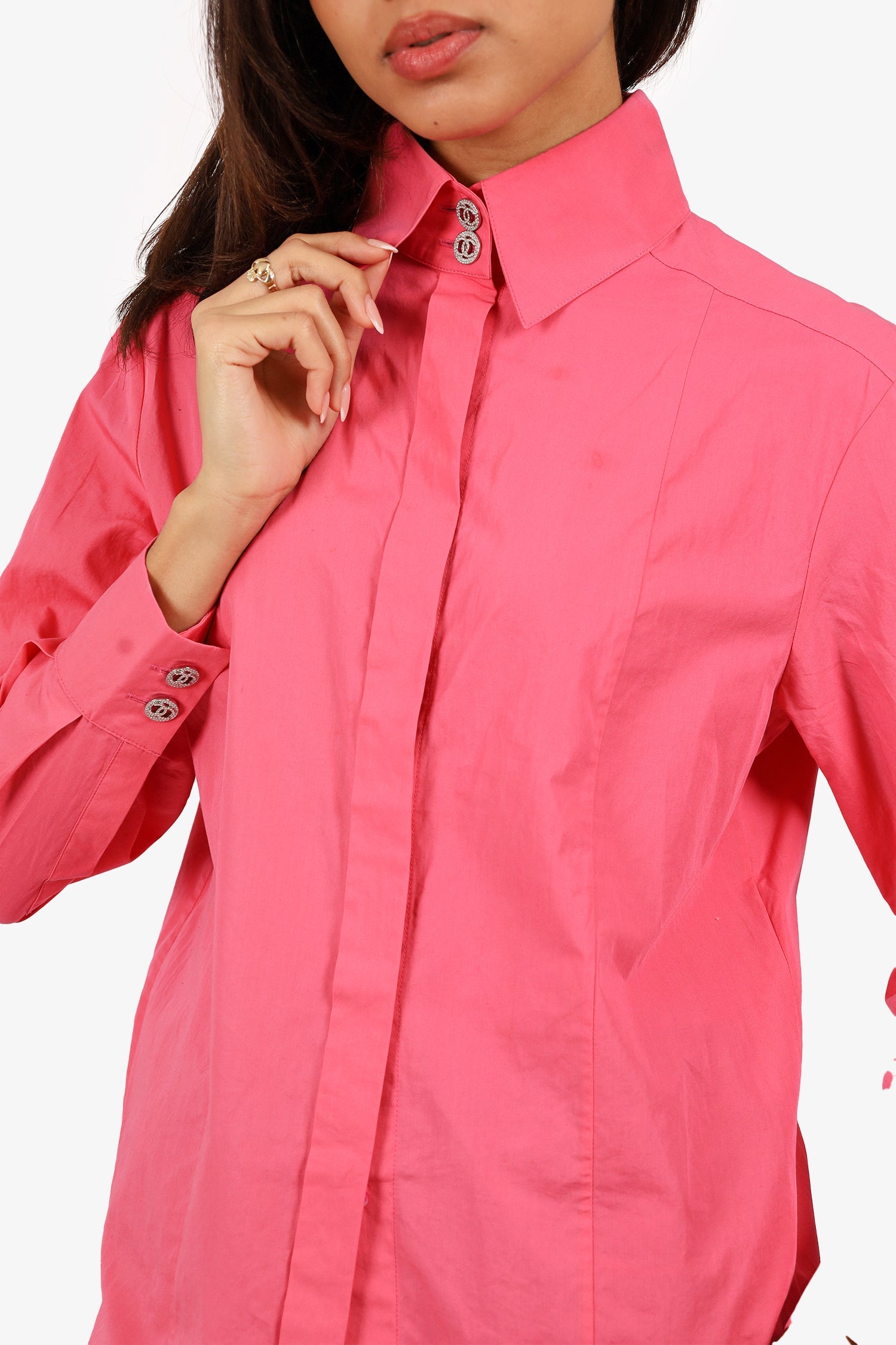 Pre-Loved Chanel™ 21C Pink CC Crystal Button Long Sleeve Shirt Size 36