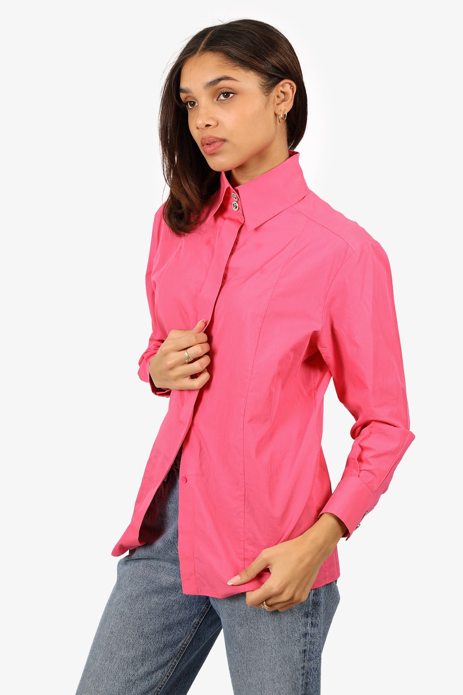 Pre-Loved Chanel™ 21C Pink CC Crystal Button Long Sleeve Shirt Size 36