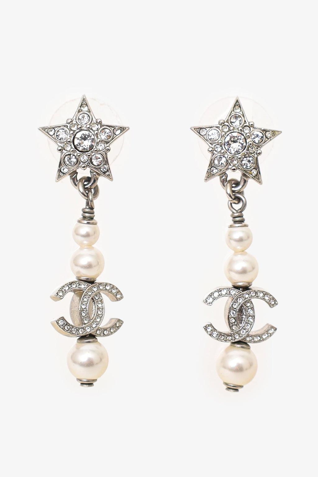 Pre-Loved Chanel™ 2020 Silver Tone Faux Pearl & Strass CC Star Drop Earrings
