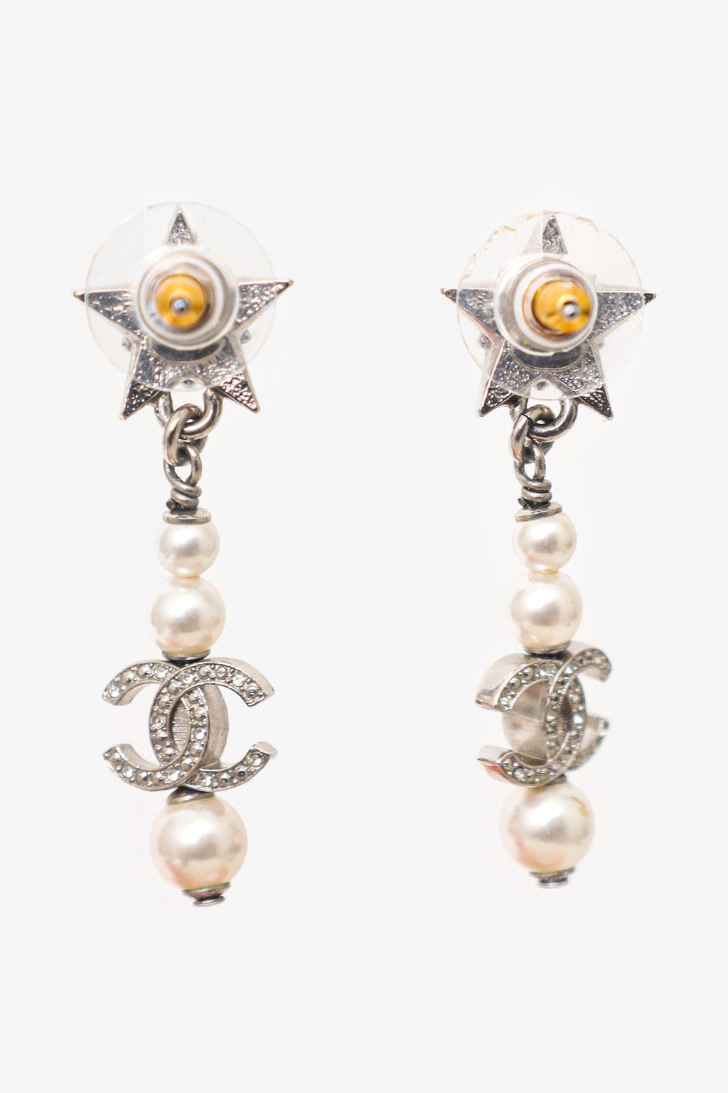 Pre-Loved Chanel™ 2020 Silver Tone Faux Pearl & Strass CC Star Drop Earrings