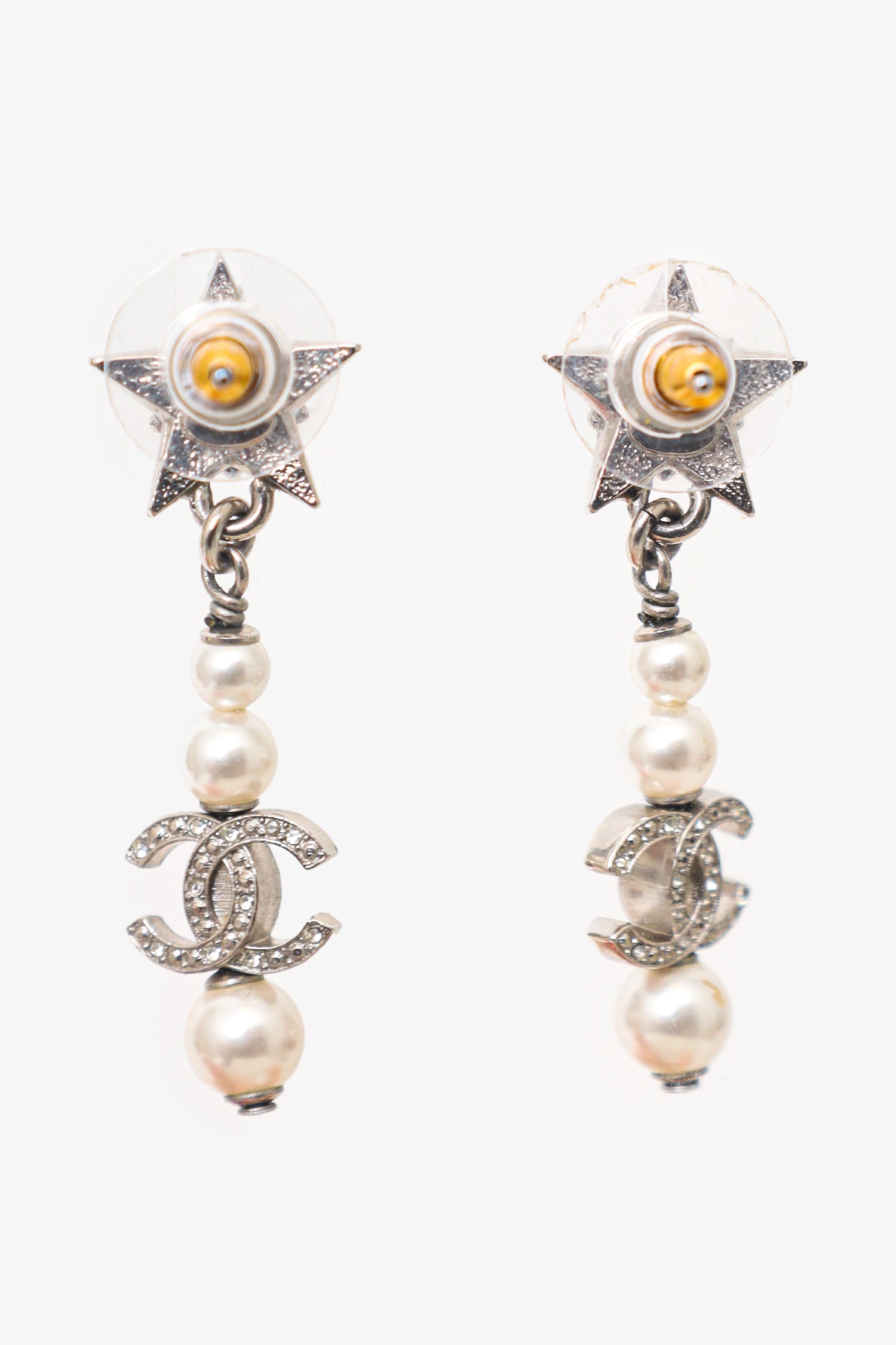 Pre-Loved Chanel™ 2020 Silver Tone Faux Pearl & Strass CC Star Drop Earrings