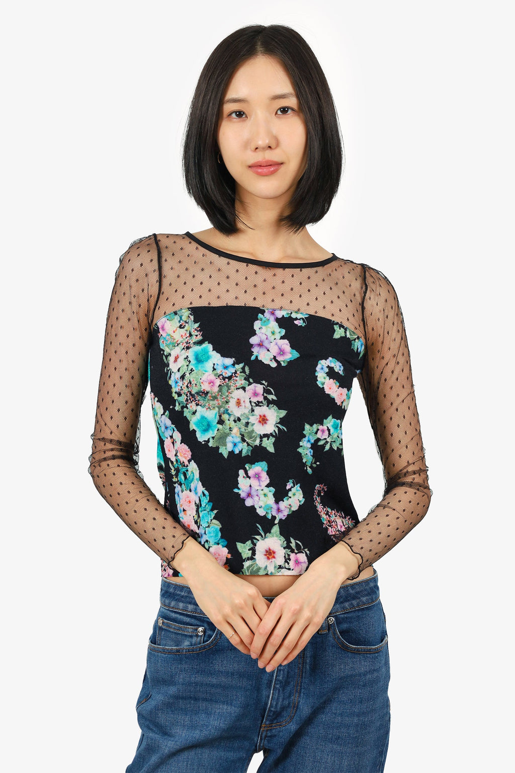 Blu Girl by Bluemarine Black Floral Print Mesh Sleeve Top Size 38