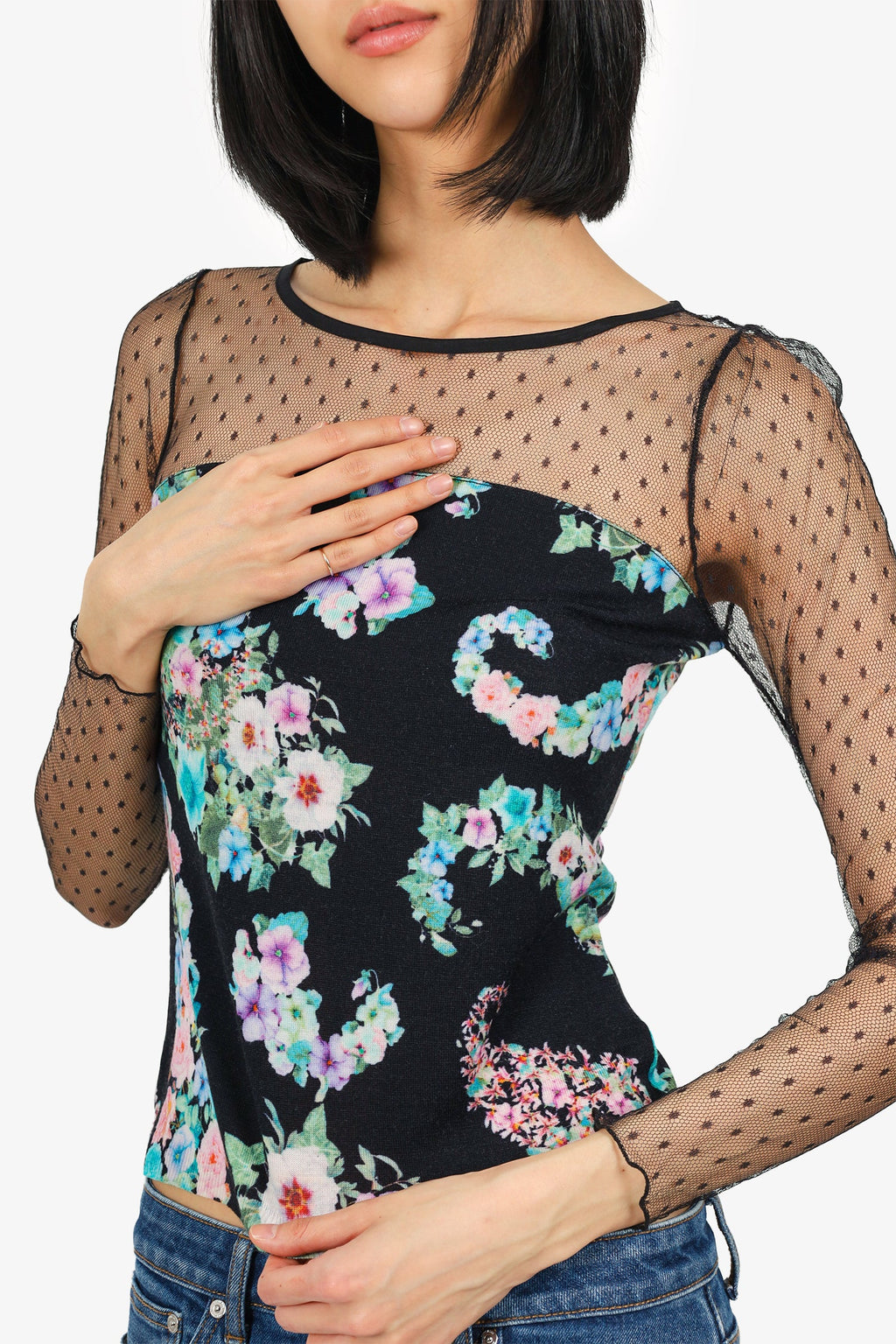 Blu Girl by Bluemarine Black Floral Print Mesh Sleeve Top Size 38