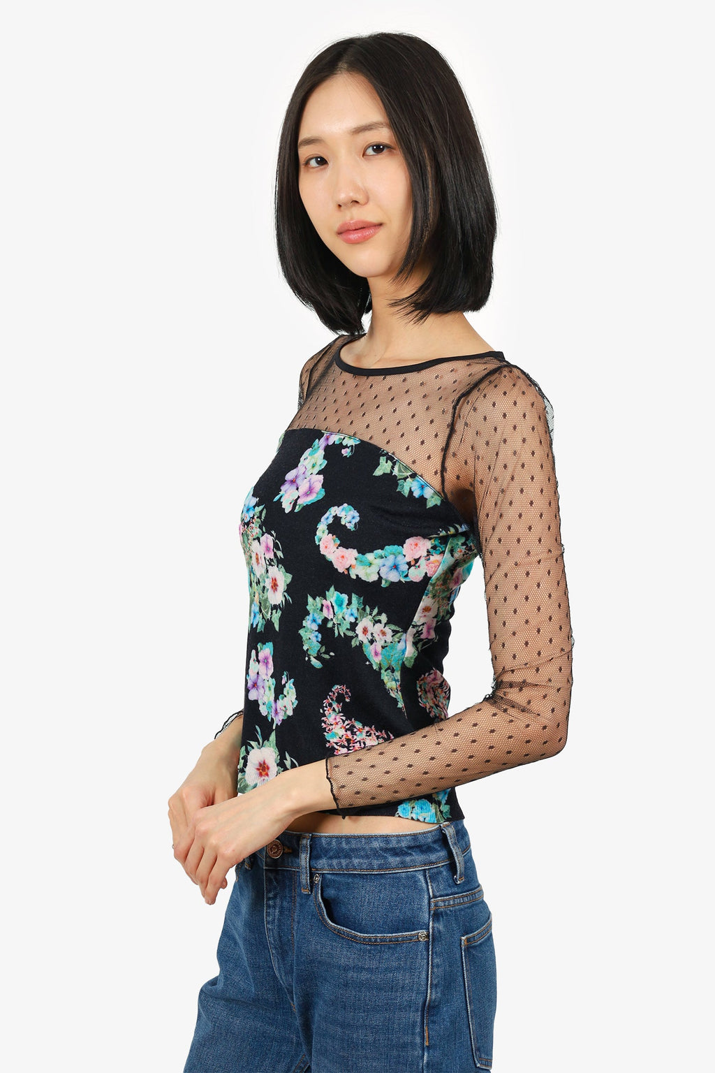 Blu Girl by Bluemarine Black Floral Print Mesh Sleeve Top Size 38