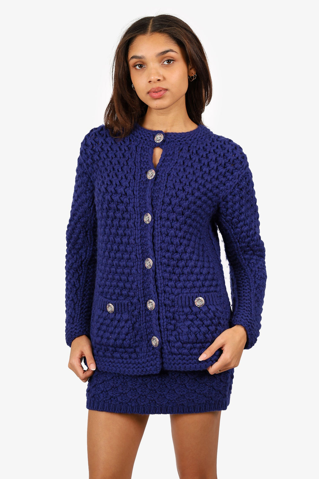Pre-Loved Chanel™ 2022 Blue Chunky Knit igan with Skirt Set Size 36