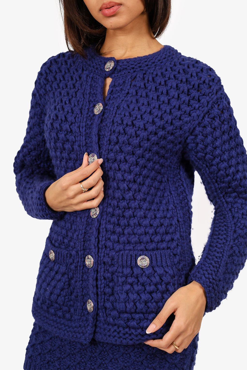 Pre-Loved Chanel™ 2022 Blue Chunky Knit igan with Skirt Set Size 36