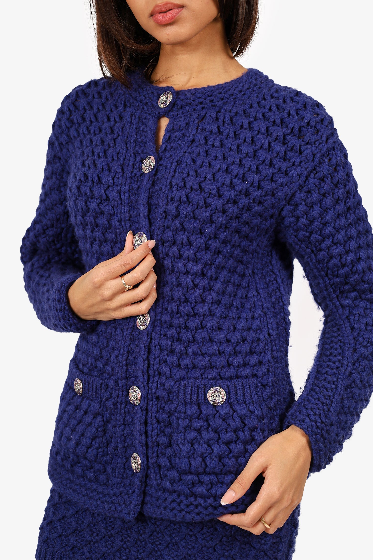 Pre-Loved Chanel™ 2022 Blue Chunky Knit igan with Skirt Set Size 36