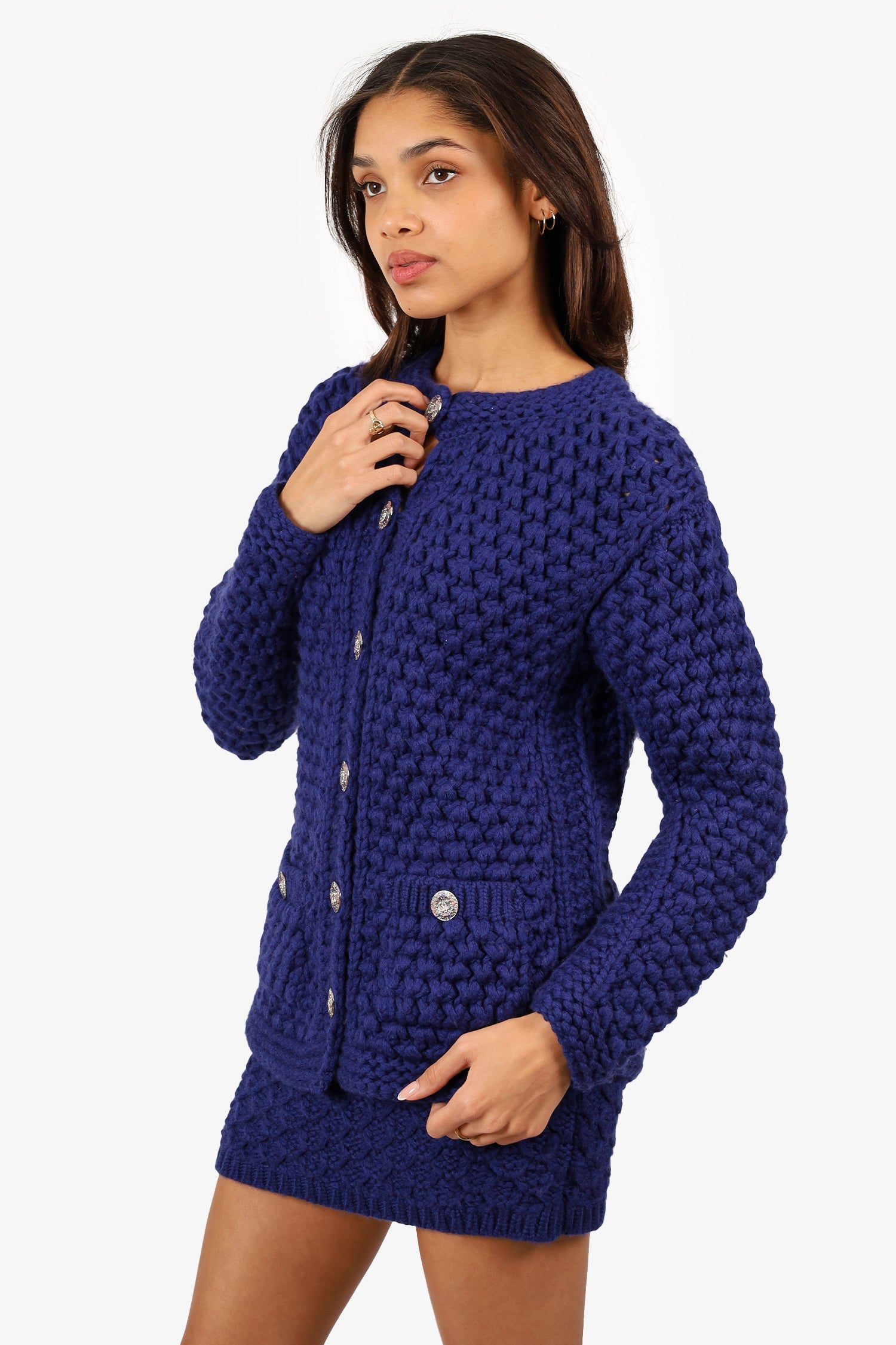 Pre-Loved Chanel™ 2022 Blue Chunky Knit igan with Skirt Set Size 36