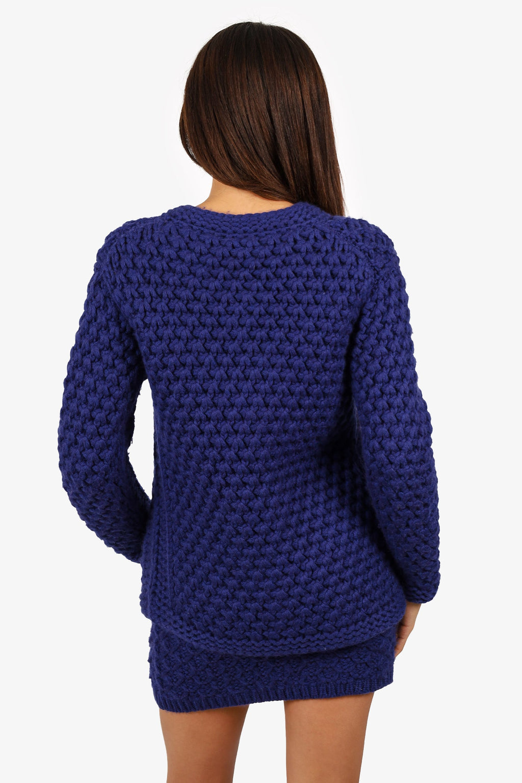 Pre-Loved Chanel™ 2022 Blue Chunky Knit igan with Skirt Set Size 36