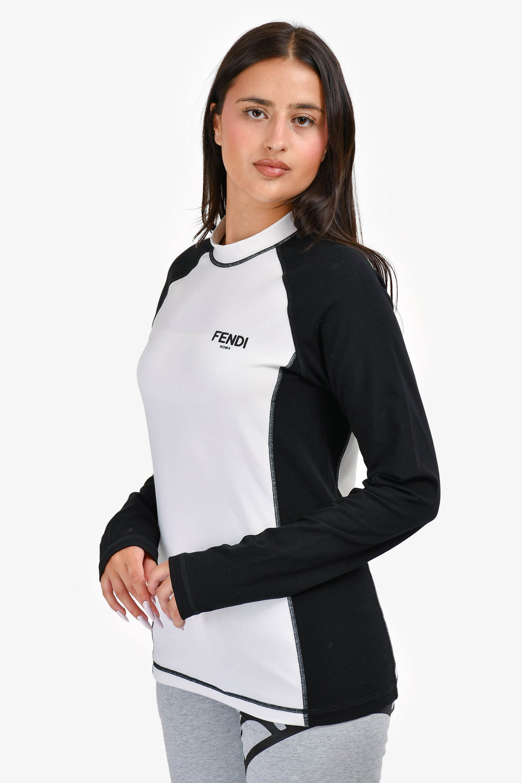 Fendi Black/White Logo Long Sleeve Top Size M