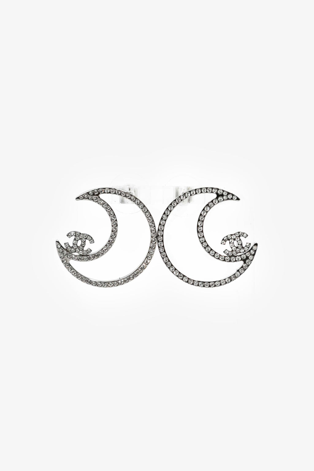Pre-Loved Chanel™ 2017 Silver Toned Crystal CC Moon Stud Earrings
