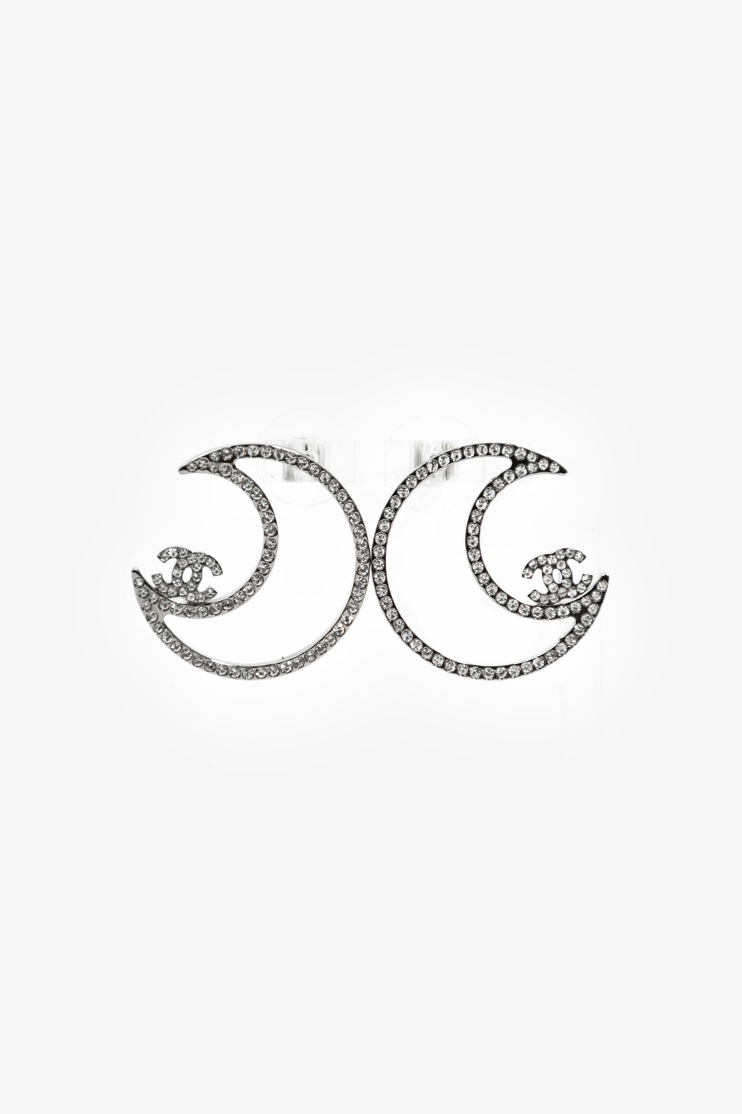 Pre-Loved Chanel™ 2017 Silver Toned Crystal CC Moon Stud Earrings