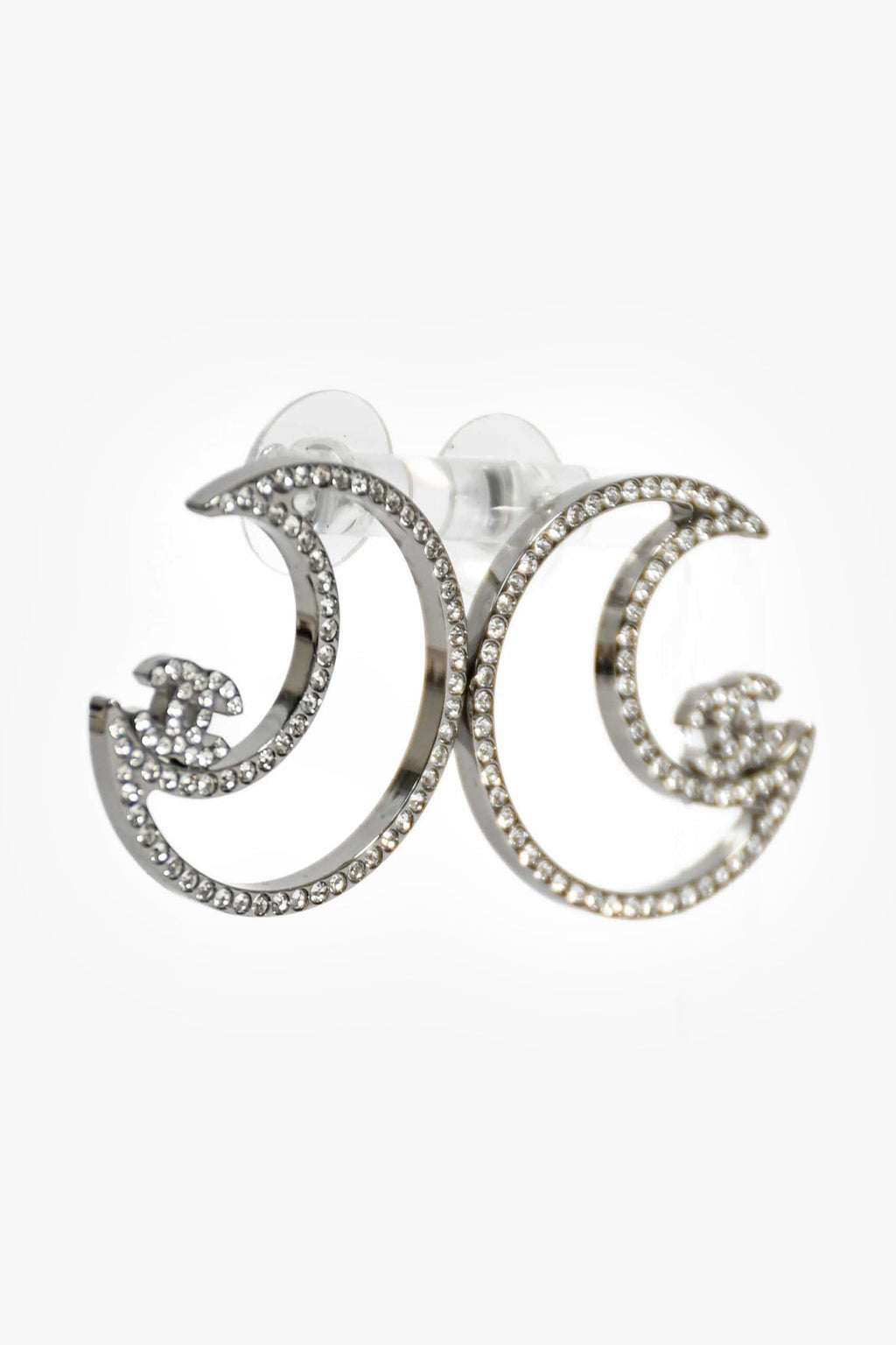 Pre-Loved Chanel™ 2017 Silver Toned Crystal CC Moon Stud Earrings