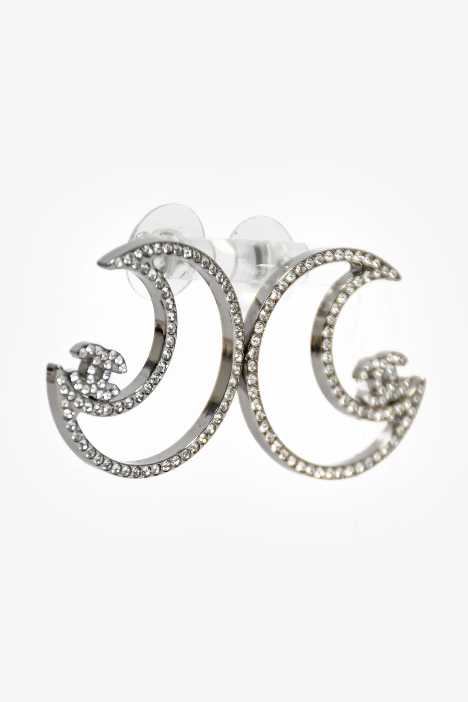 Pre-Loved Chanel™ 2017 Silver Toned Crystal CC Moon Stud Earrings