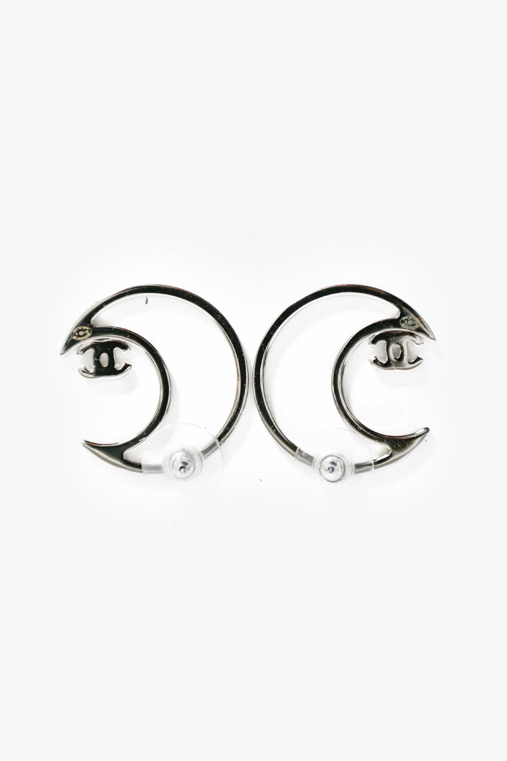 Pre-Loved Chanel™ 2017 Silver Toned Crystal CC Moon Stud Earrings