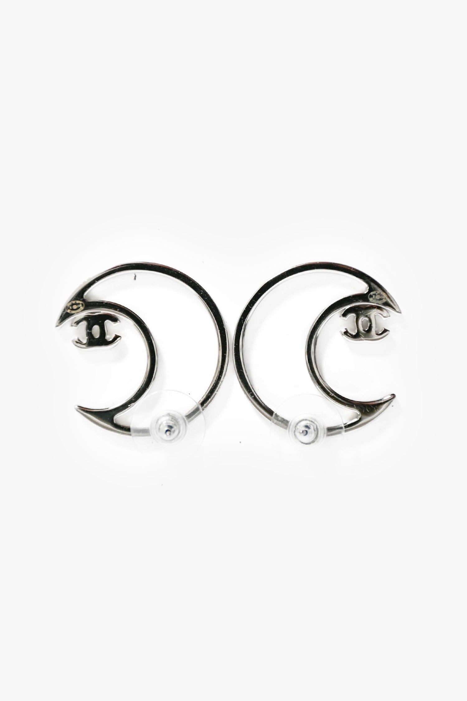 Pre-Loved Chanel™ 2017 Silver Toned Crystal CC Moon Stud Earrings