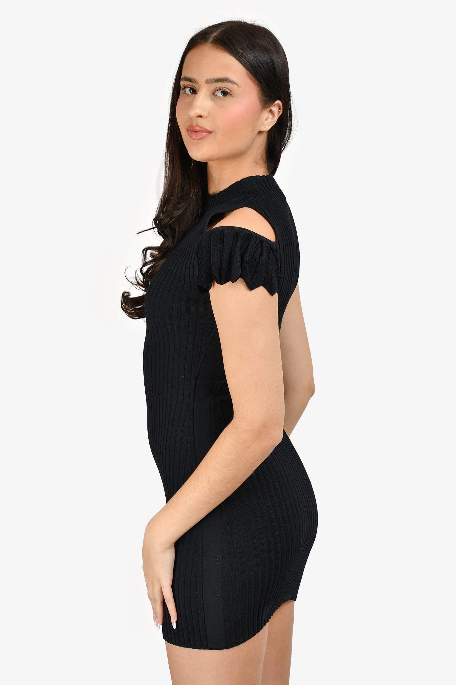 Maje Black Ribbed Knit Off Shoulder Mini Dress Size 1
