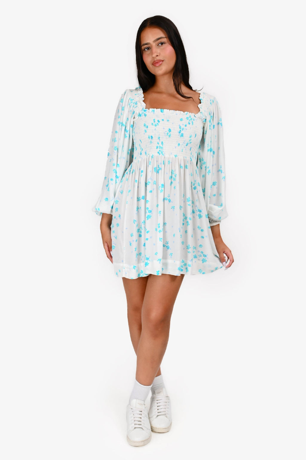Ganni White/Blue Floral Printed Off Shoulder Long Sleeve Mini Dress Estimated Size S