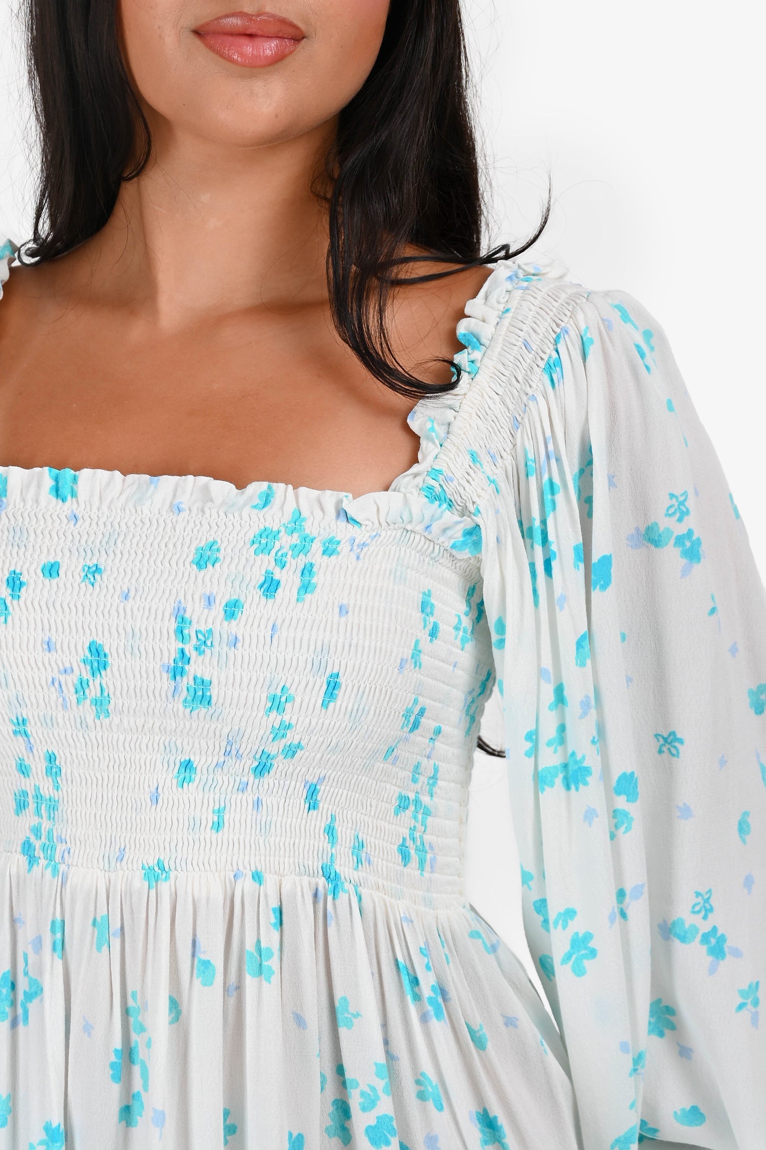 Ganni White/Blue Floral Printed Off Shoulder Long Sleeve Mini Dress Estimated Size S