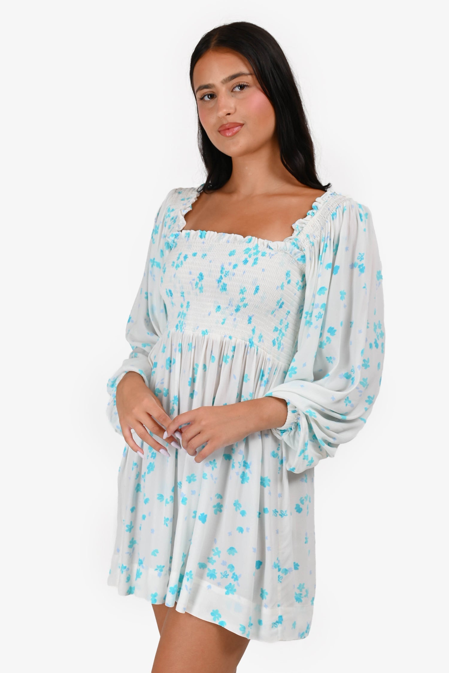 Ganni White/Blue Floral Printed Off Shoulder Long Sleeve Mini Dress Estimated Size S