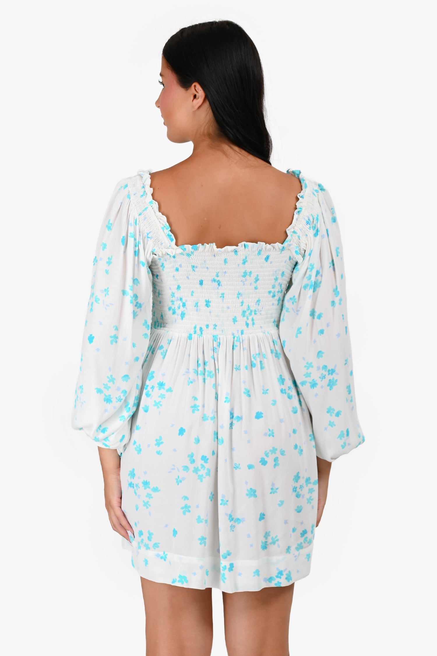 Ganni White/Blue Floral Printed Off Shoulder Long Sleeve Mini Dress Estimated Size S