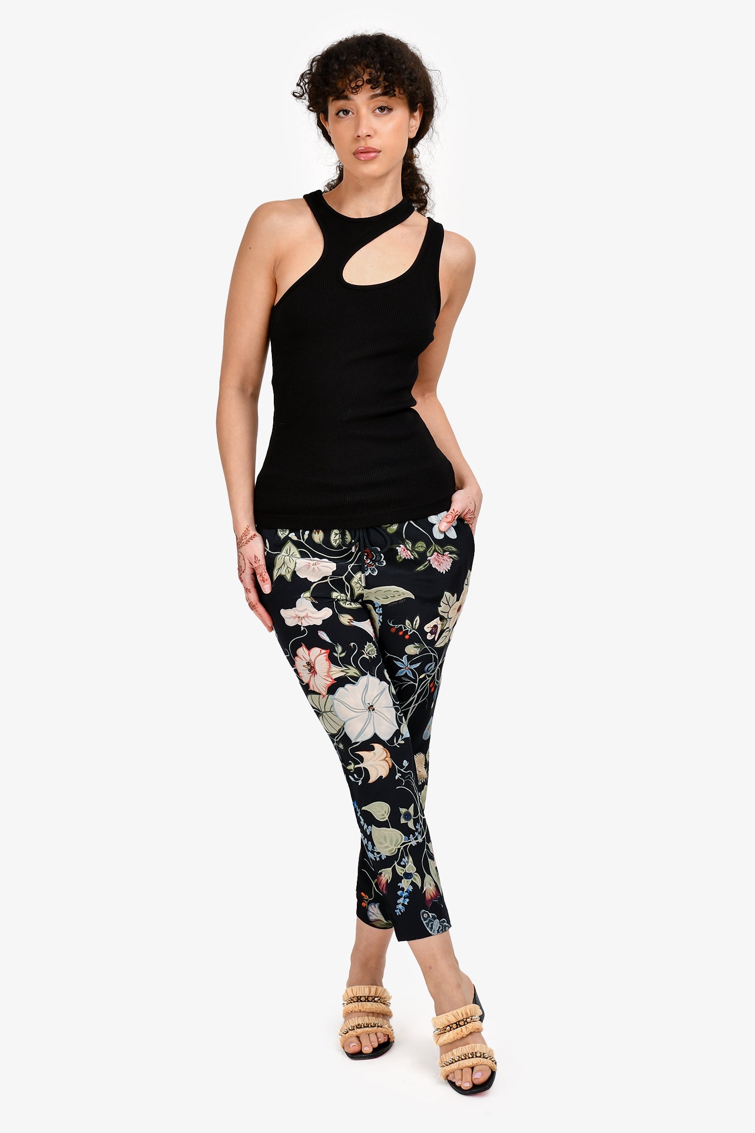 Gucci Black/Green Silk Floral Drawstring Tapered Pants Size 40