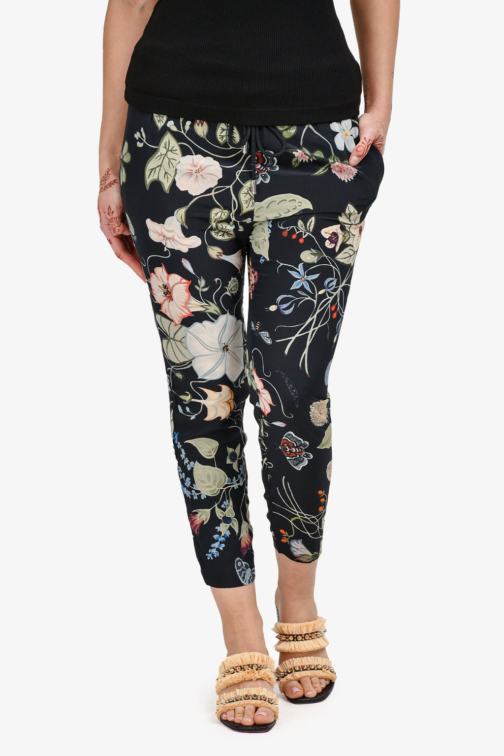 Gucci Black/Green Silk Floral Drawstring Tapered Pants Size 40