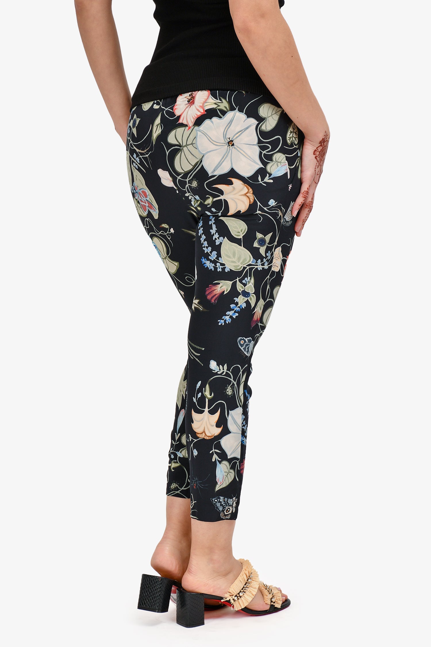 Gucci Black/Green Silk Floral Drawstring Tapered Pants Size 40
