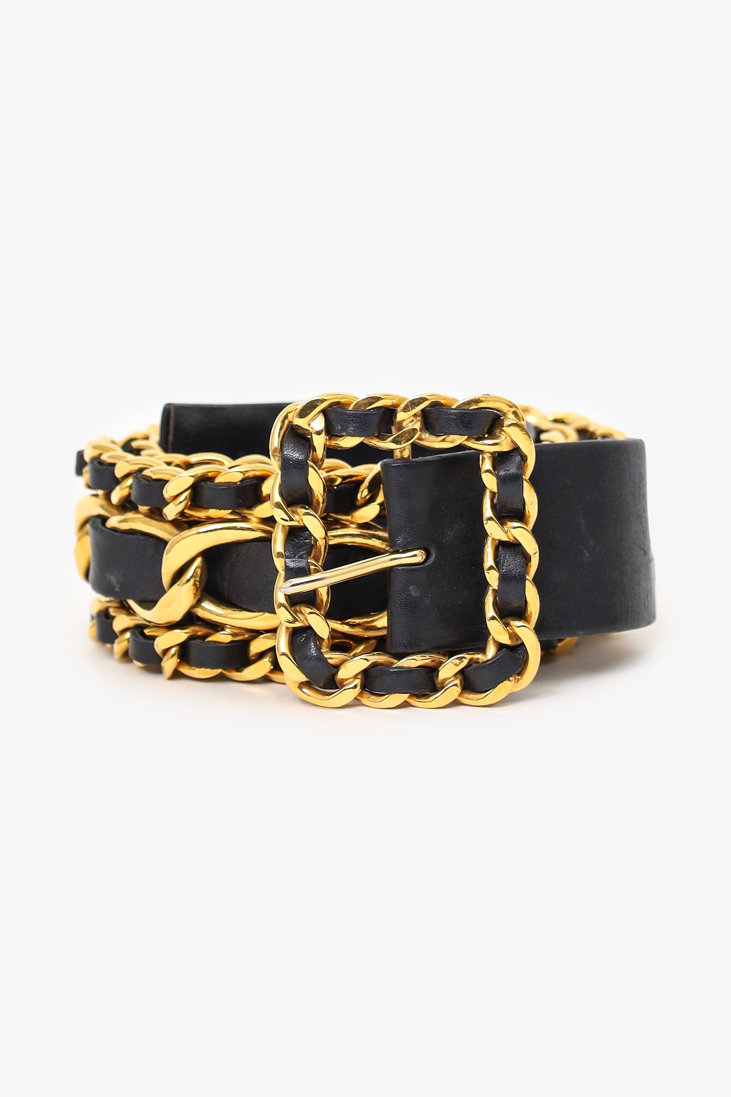Pre-Loved Chanel™ Vintage Black Leather Gold Chain Belt Size 75